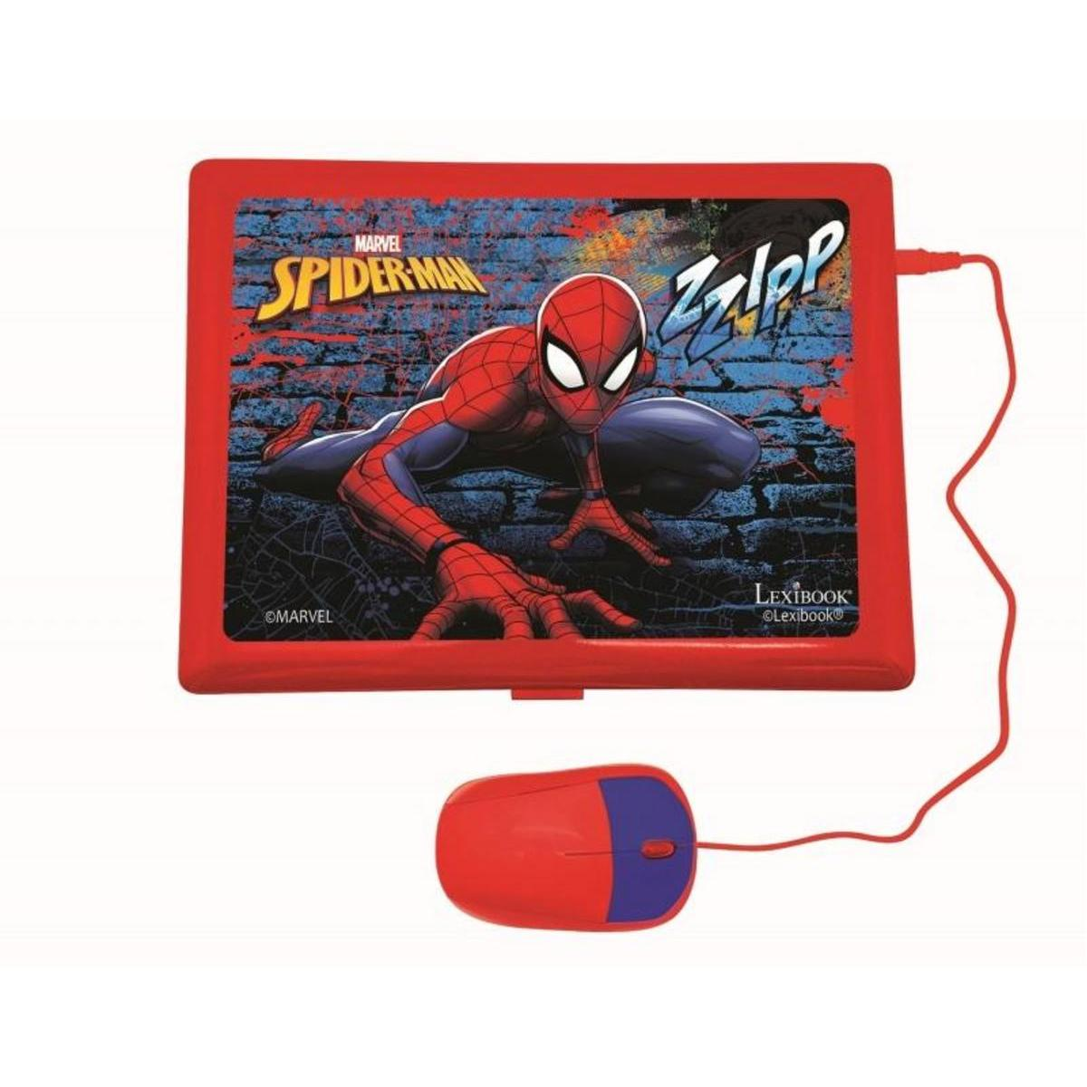 Un dispositivo Lexibook rojo con Spider-Man en la pantalla. Un ratón rojo con un botón azul está conectado con un cable rojo.