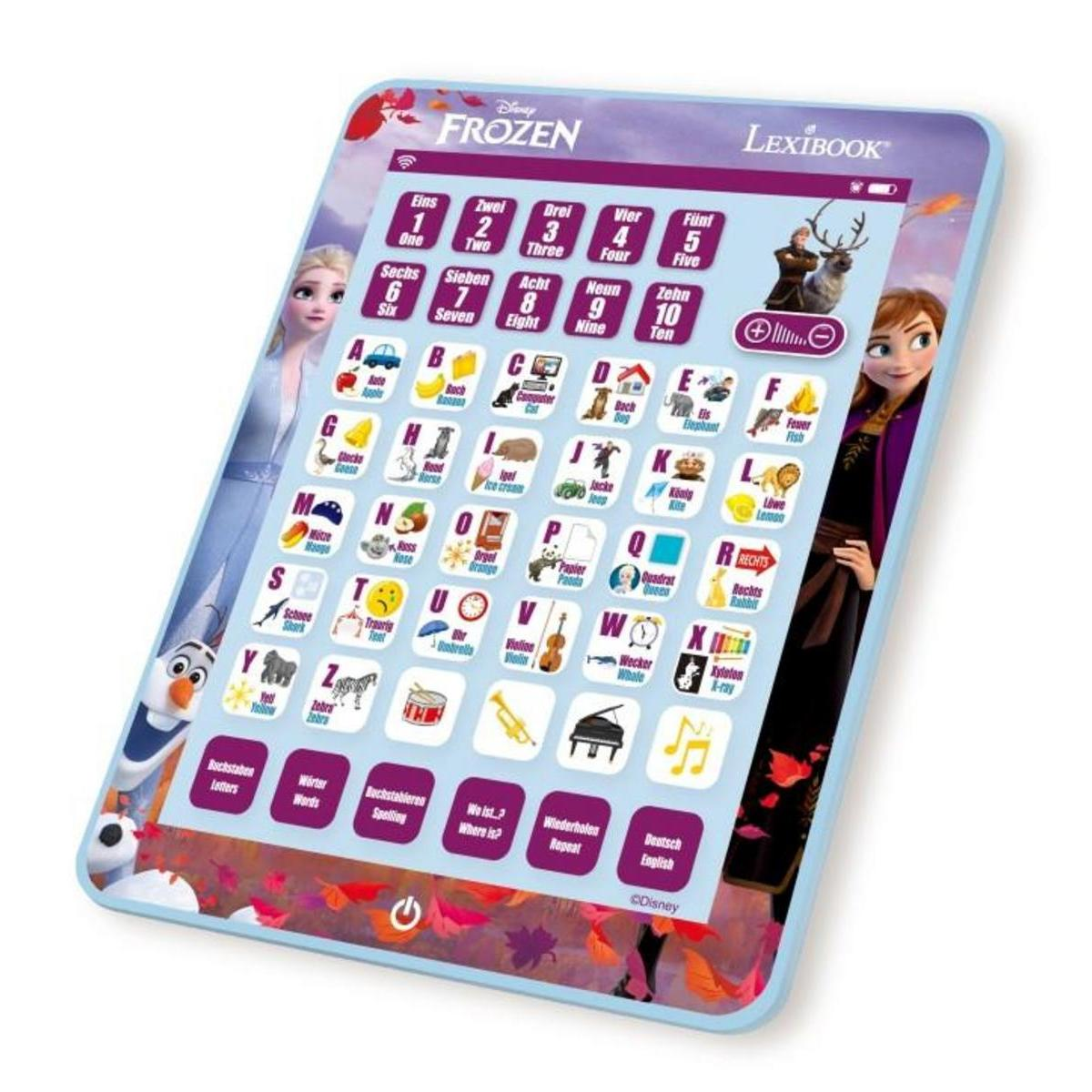 Tableta educativa de Frozen. Presenta personajes, números, alfabeto y botones interactivos.