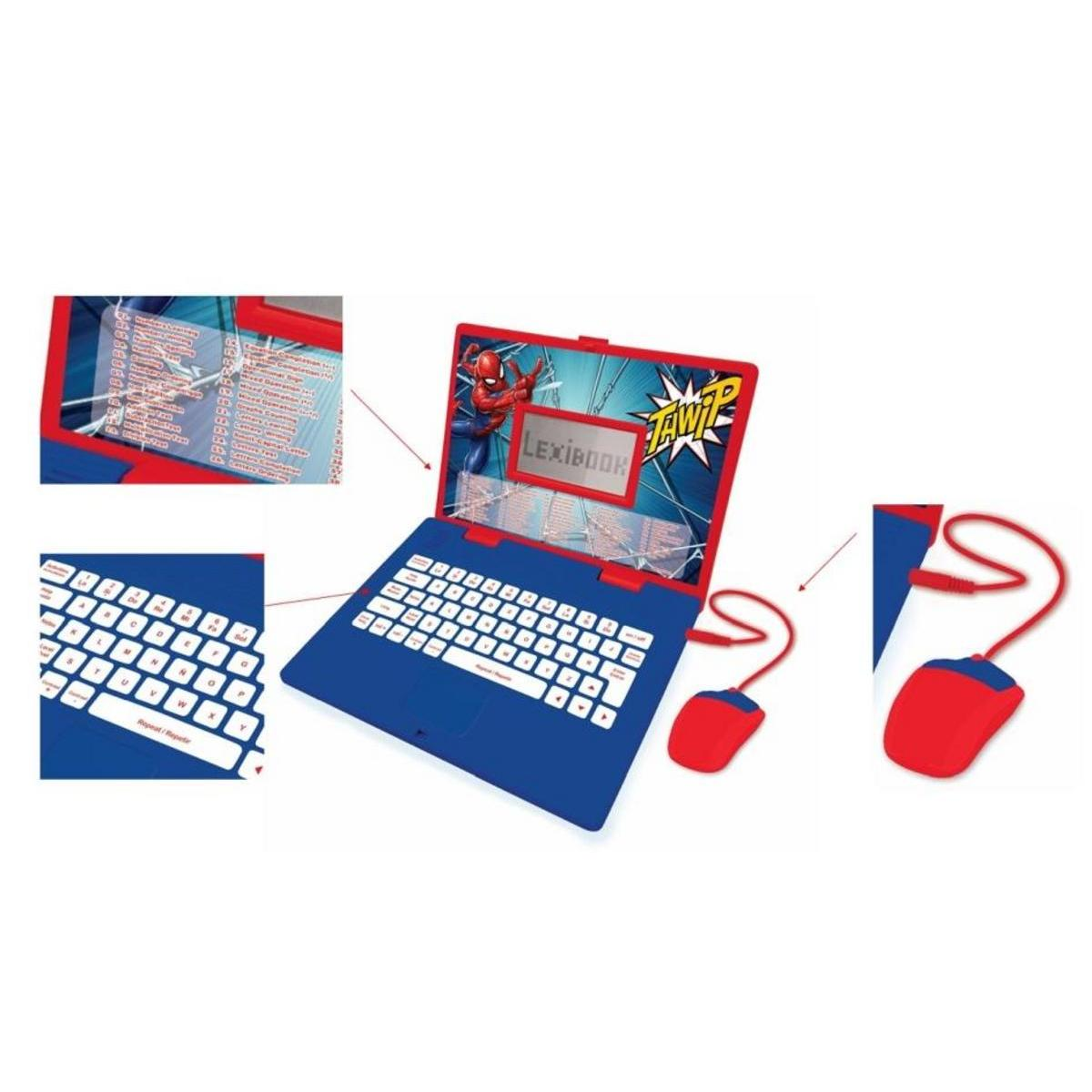 Un portátil Lexibook de Spider-Man azul y rojo con un ratón. La pantalla muestra a Spider-Man y texto. También se muestra un primer plano del teclado.