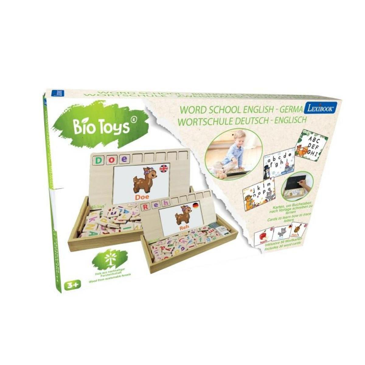 Una caja con juguetes educativos de madera. Muestra las palabras 'Doe' y 'Reh' con ilustraciones de animales y letras.