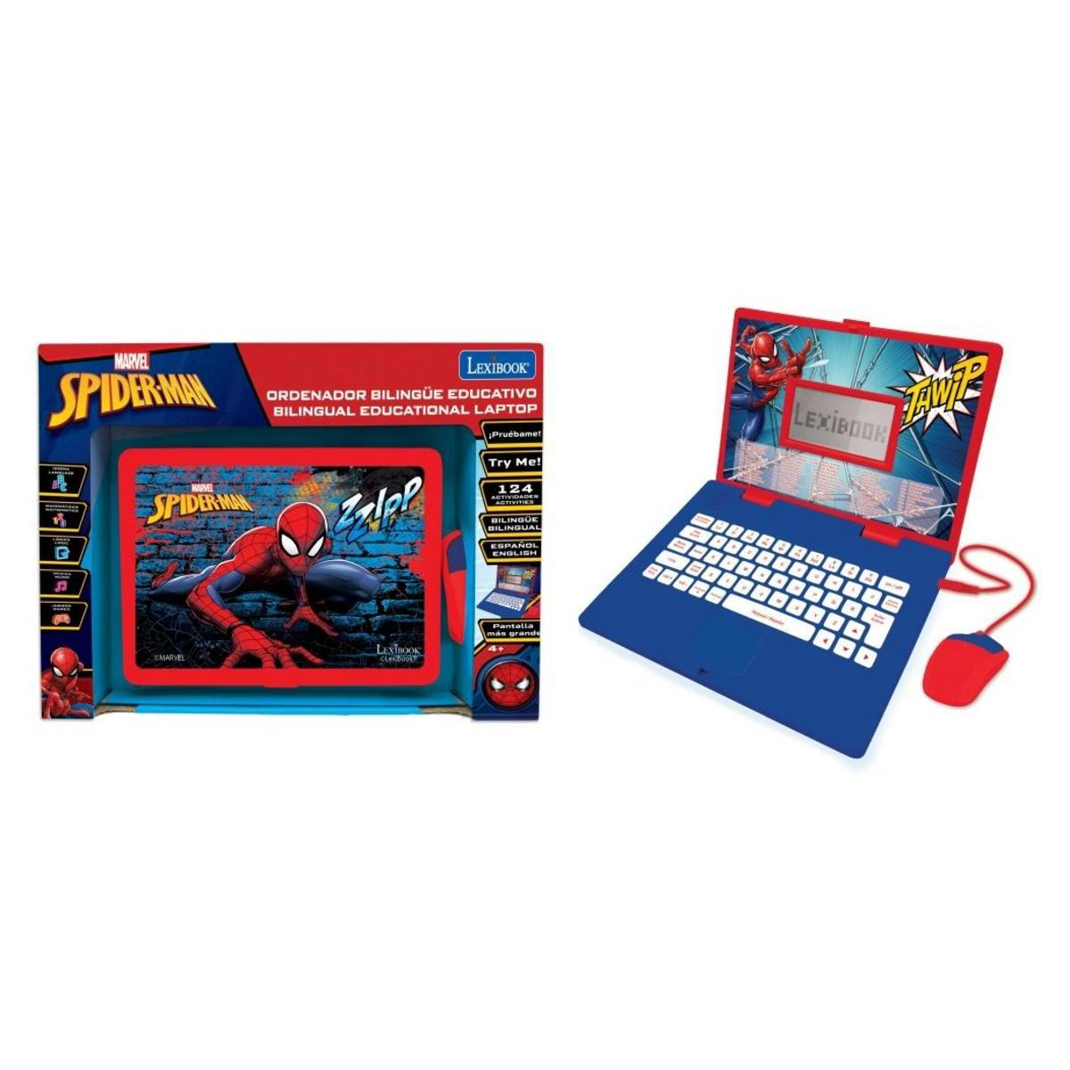 Un ordenador portátil azul y rojo con temática de Spider-Man. La caja muestra el portátil y una imagen de Spider-Man. Un ratón rojo está conectado.