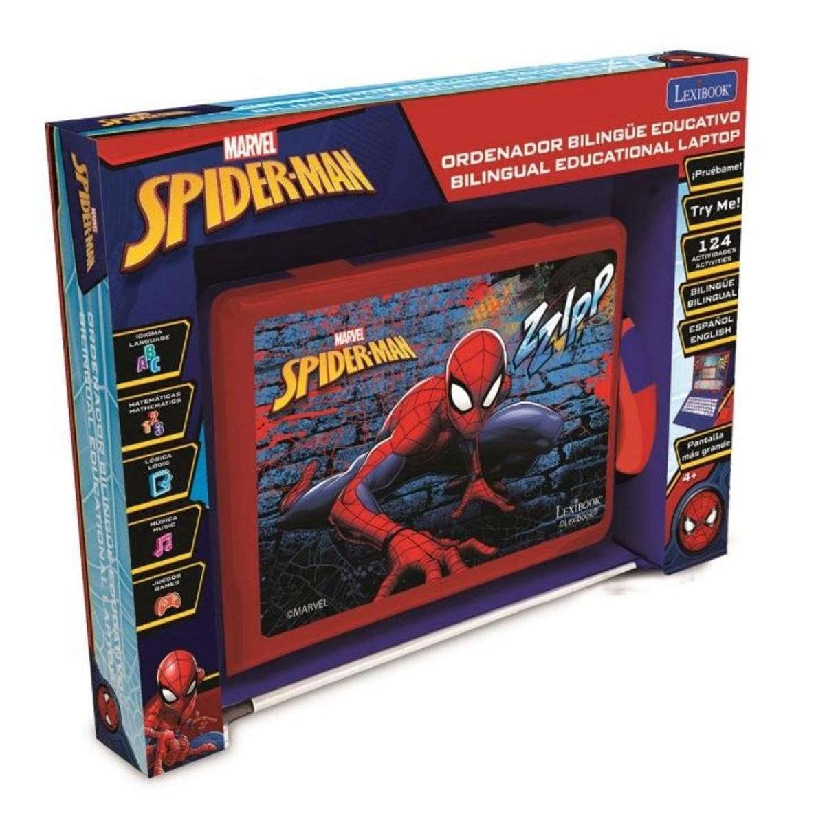 Una caja Lexibook con el tema de Spider-Man. Presenta una computadora portátil roja con Spider-Man y la caja tiene texto en inglés y español.
