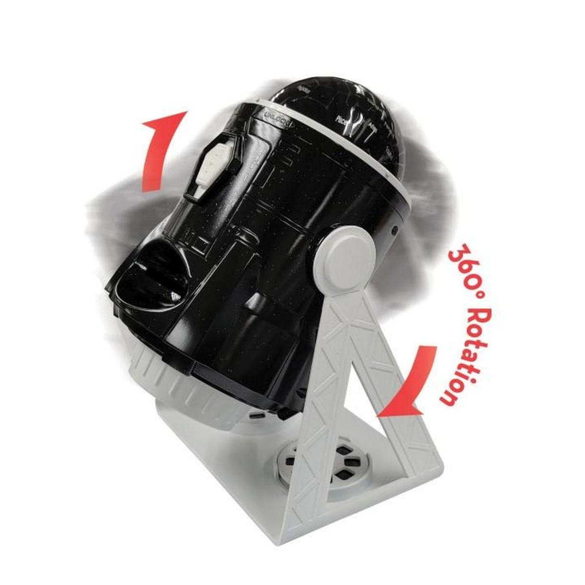 Un dispositivo negro con base blanca, con la etiqueta 'unlock' y 'rotación 360°' con flechas rojas. El dispositivo está sobre una superficie blanca.