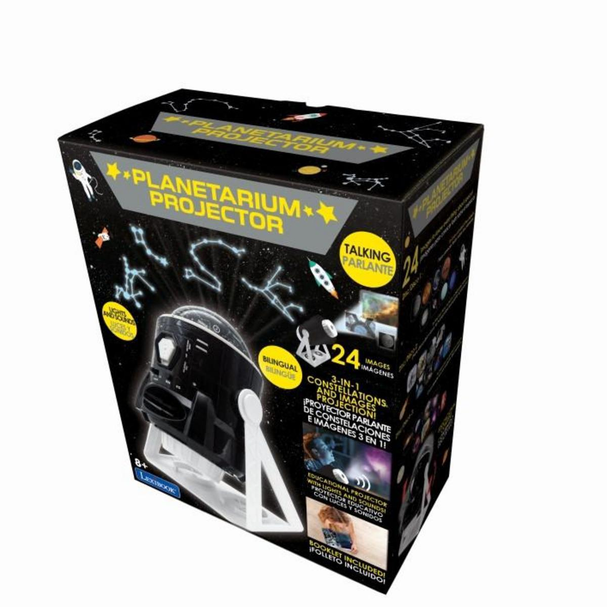 Una caja de un proyector de planetario, en blanco y negro, con ilustraciones de constelaciones y texto en inglés y español.
