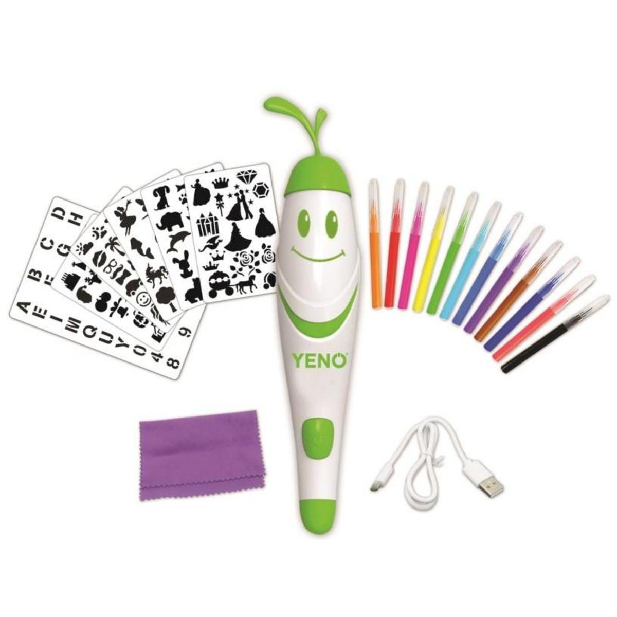 Un kit de bolígrafo de dibujo blanco y verde con plantillas, bolígrafos de colores, un paño de limpieza y un cable USB. El bolígrafo tiene una cara sonriente.