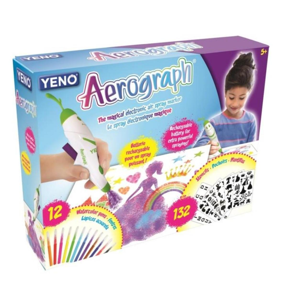 Caja de juego Aerograph. Incluye rotuladores, plantillas y un aerógrafo electrónico, con una niña a la derecha.