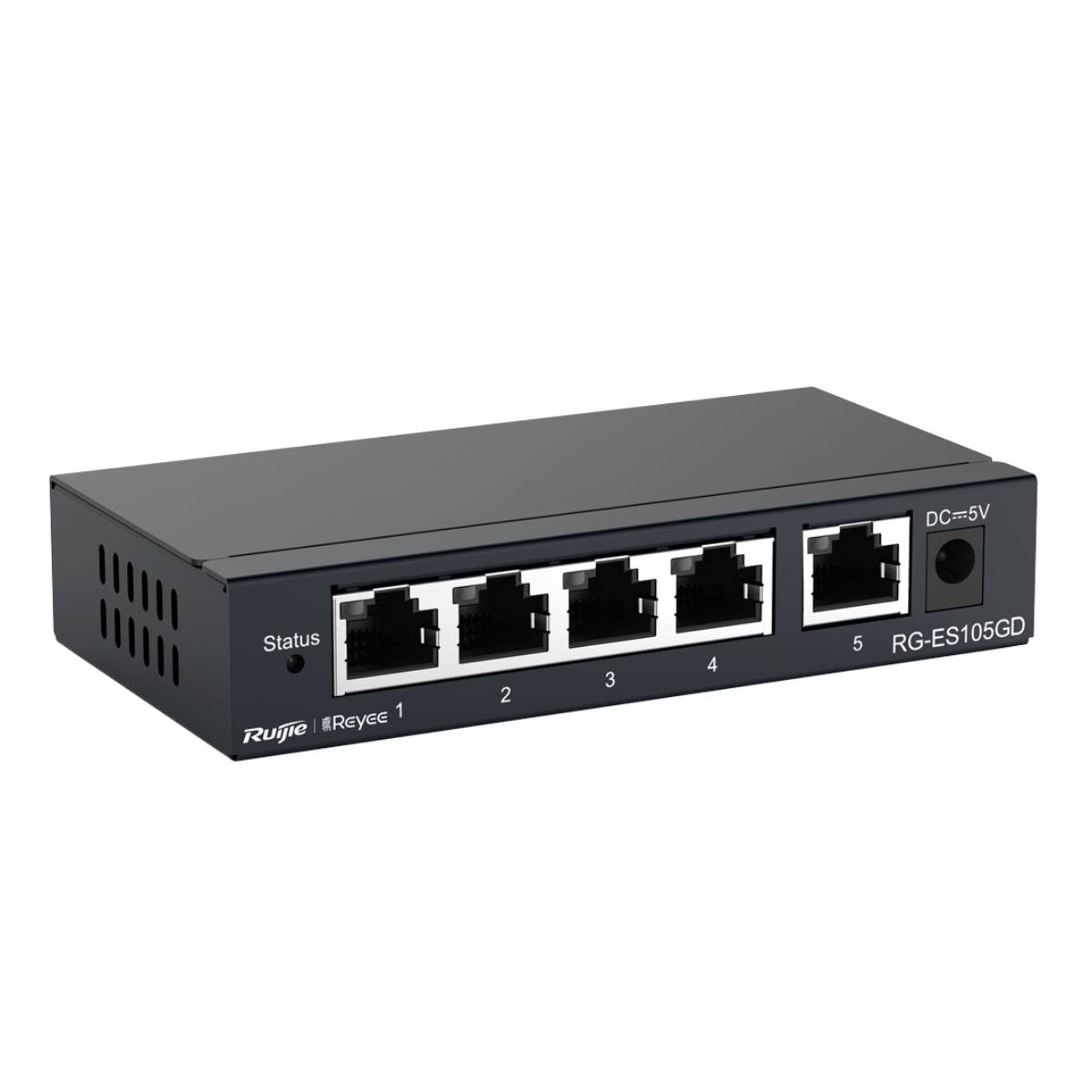 Uno switch di rete nero con cinque porte Ethernet, etichettate 1-5. Ha una porta di alimentazione e indicatori di stato. Il marchio è Reyee.