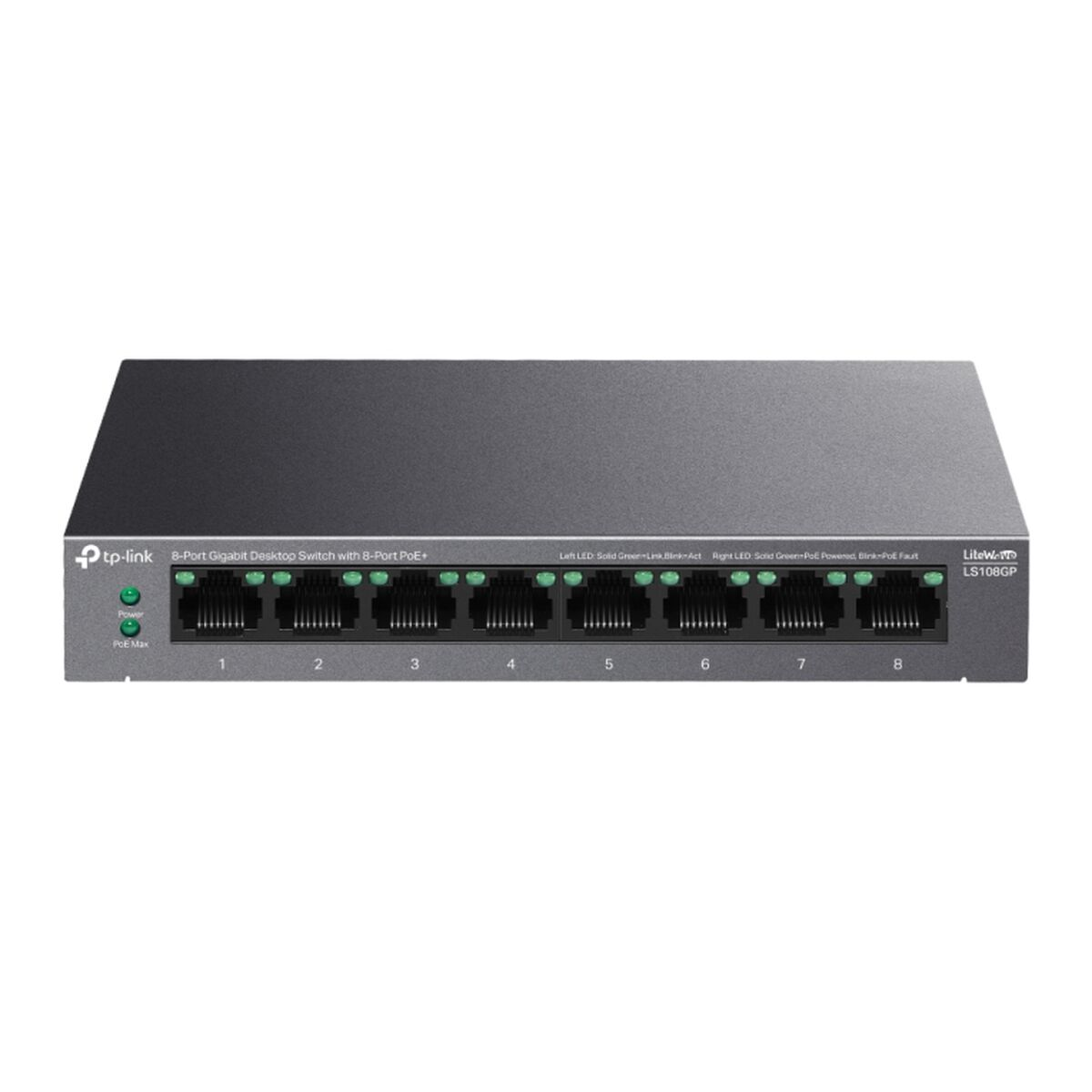 Un switch de escritorio Gigabit TP-Link de 8 puertos gris. Tiene ocho puertos con LED verdes, numerados del 1 al 8. Hay indicadores de alimentación y PoE.