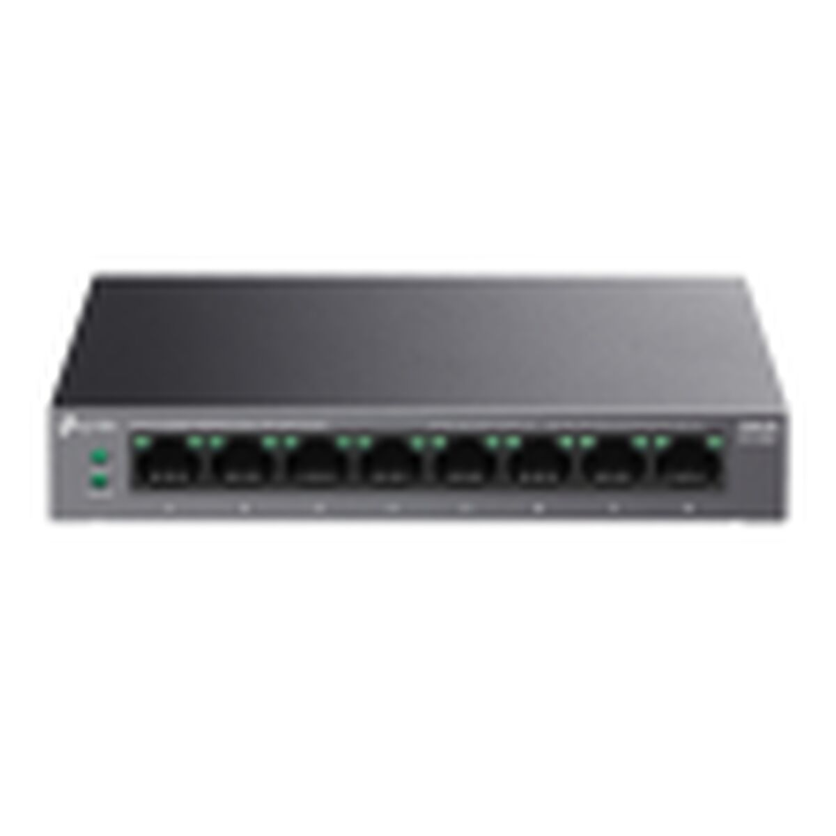 Un switch de red gris con 8 puertos. Cada puerto tiene una luz verde. El dispositivo está sobre un fondo blanco.