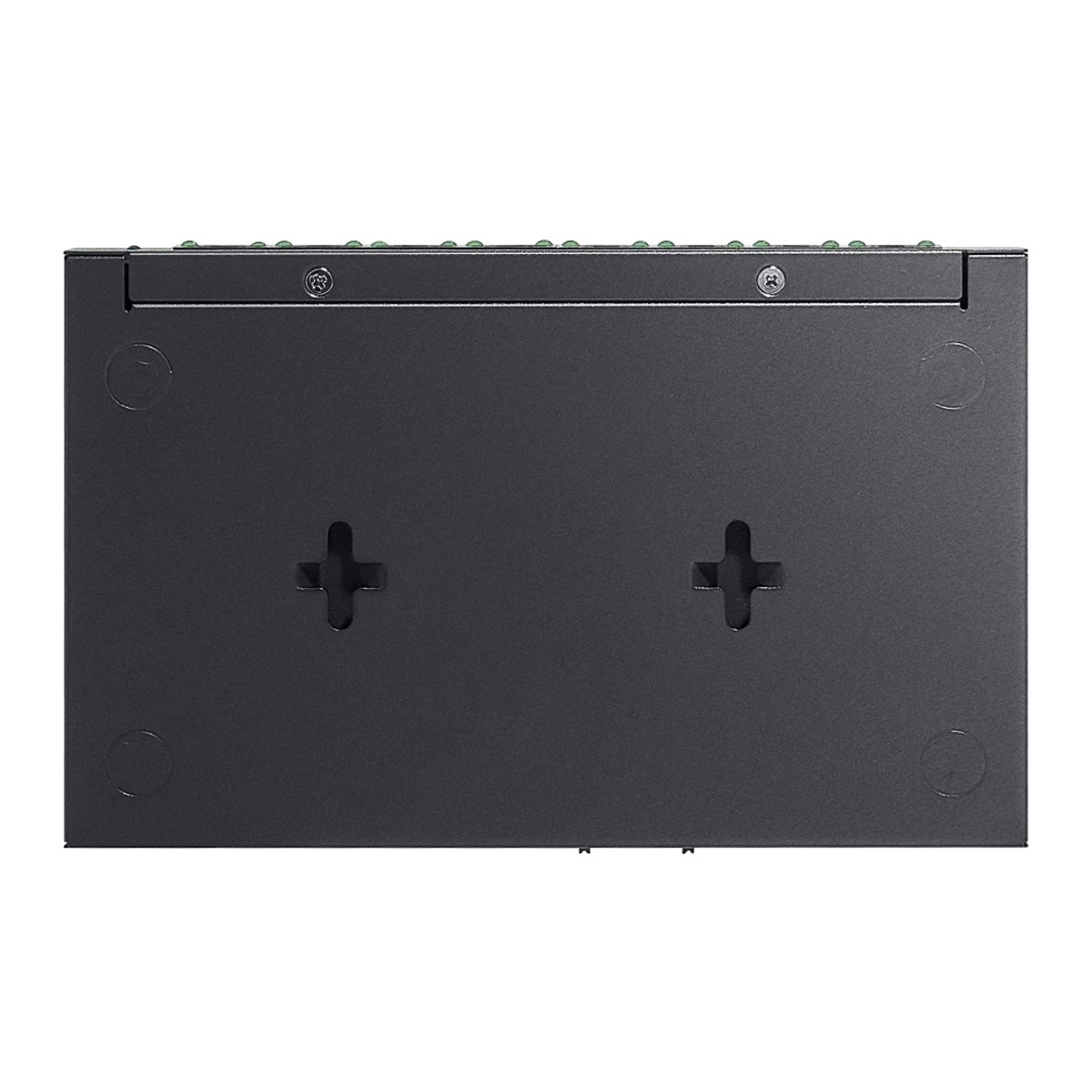 Un switch de red gris oscuro con luces verdes en la parte superior, orificios de montaje en forma de cruz y detalles de tornillos. El fondo es blanco.
