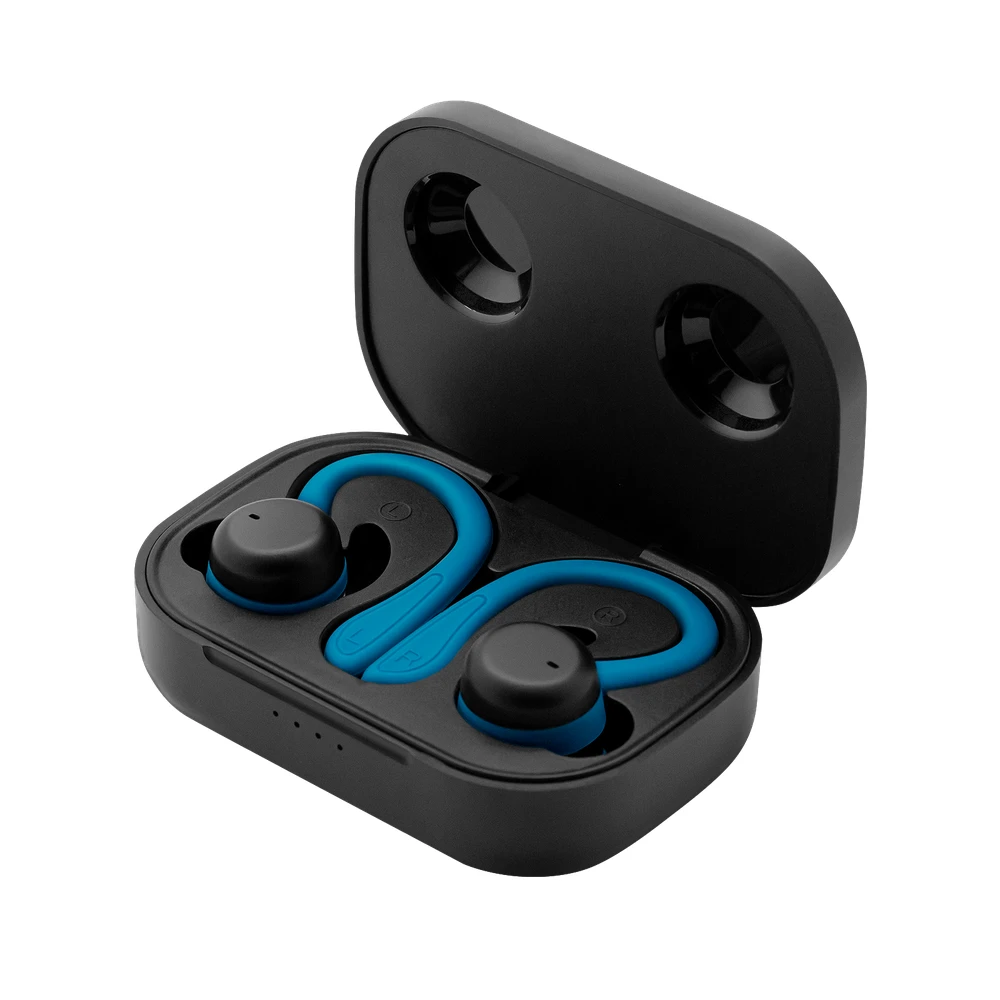 Schwarze Kopfhörerbox mit blauen und schwarzen Ohrhörern. Die Box ist geöffnet und zeigt die Ohrhörer und ein Ladefach.