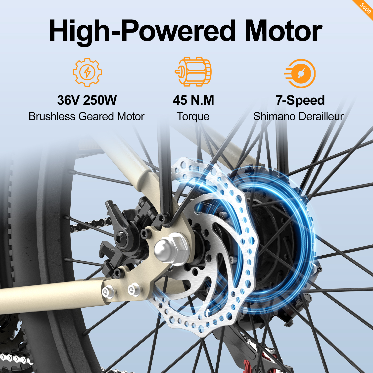 Das Bild zeigt das Hinterrad eines Fahrrads mit Text: High-Powered Motor, 36V 250W, 45 N.M Drehmoment, 7-Gang Shimano.