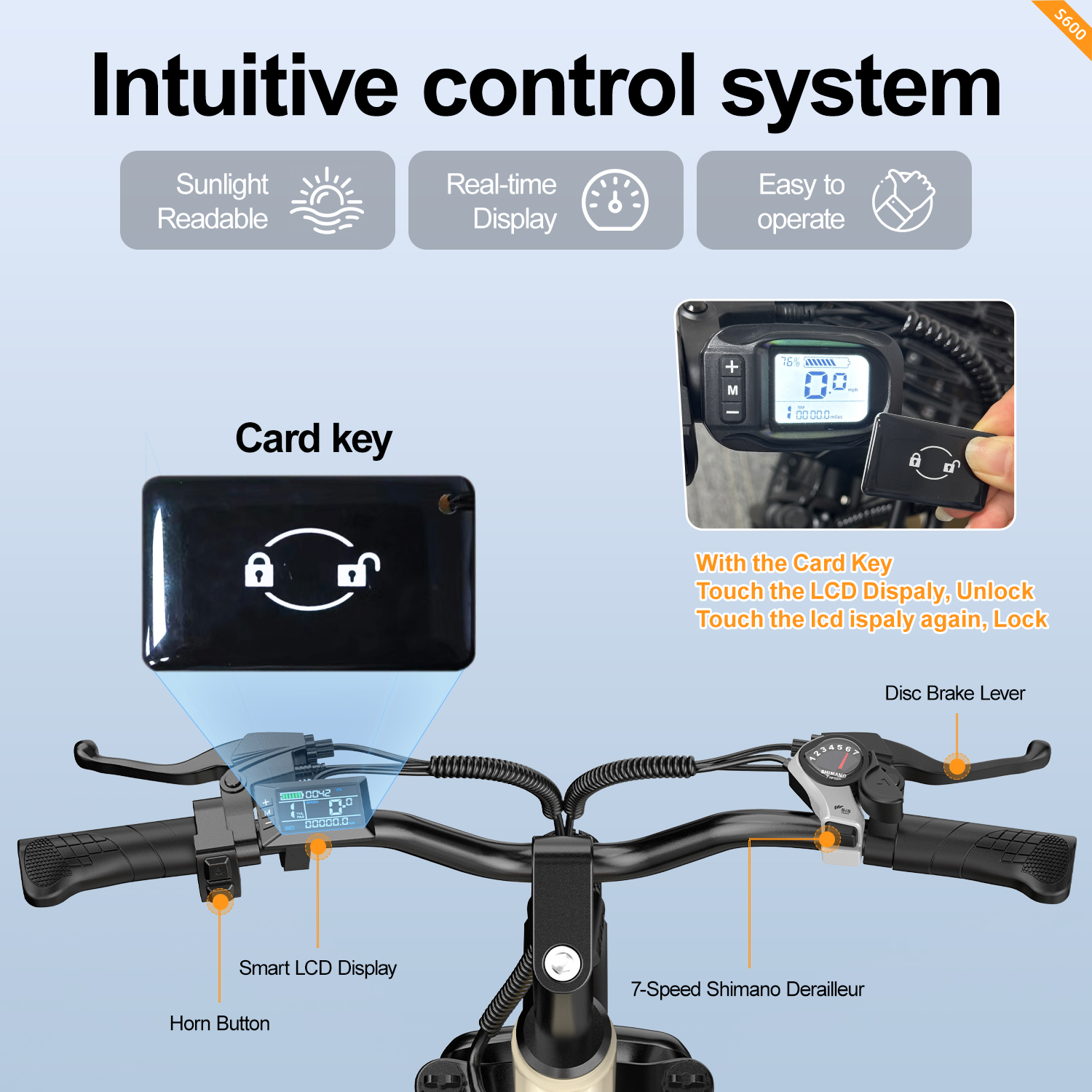 Ein E-Bike-Lenker mit Smart-LCD, Karte, 7-Gang-Schaltung. Er hat Bremshebel und Hupenknopf. Das Display zeigt die Geschwindigkeit an.