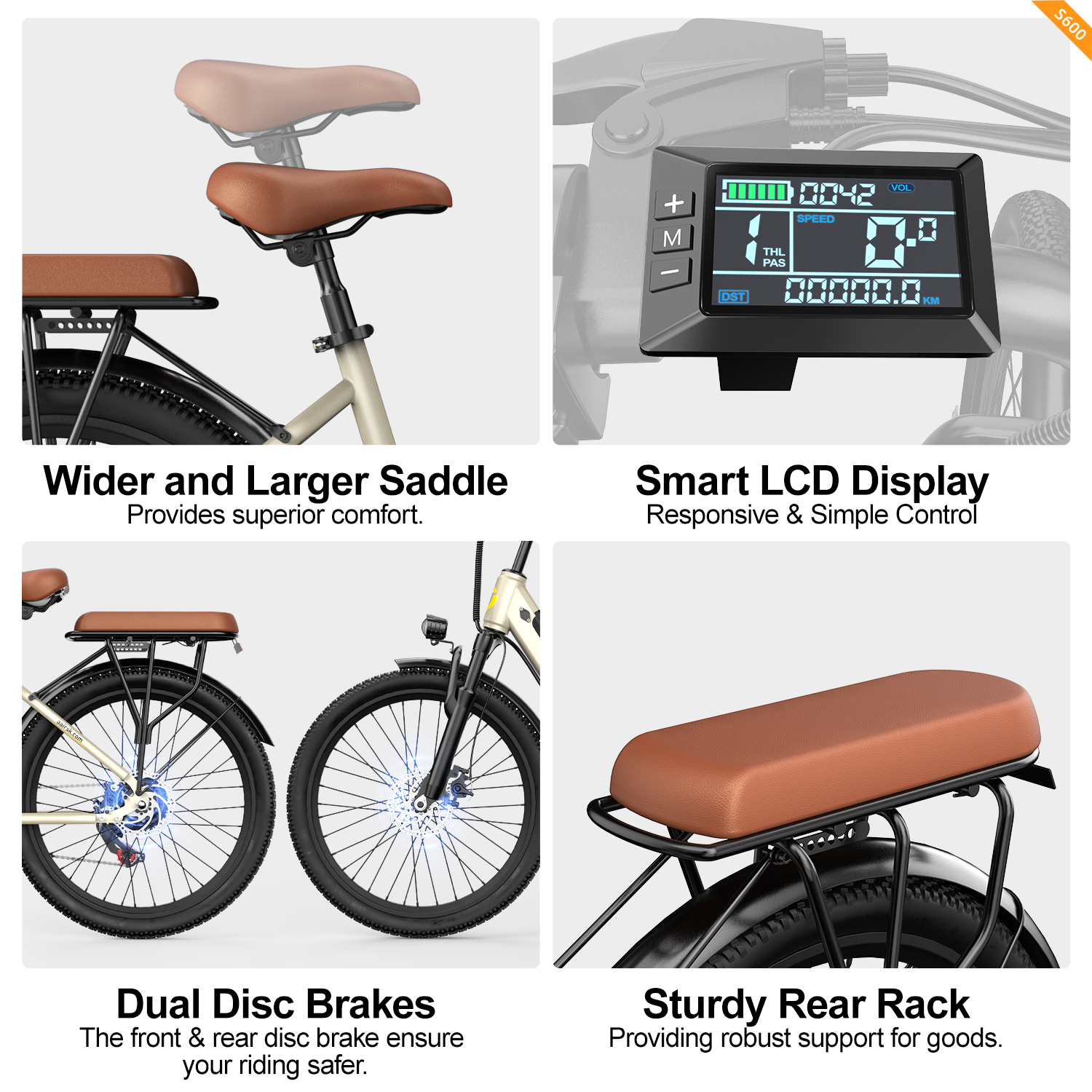 Ein Elektrofahrrad mit braunem Sattel und Gepäckträger, Scheibenbremsen und einem intelligenten LCD-Display mit Geschwindigkeits- und Batterieinfo.
