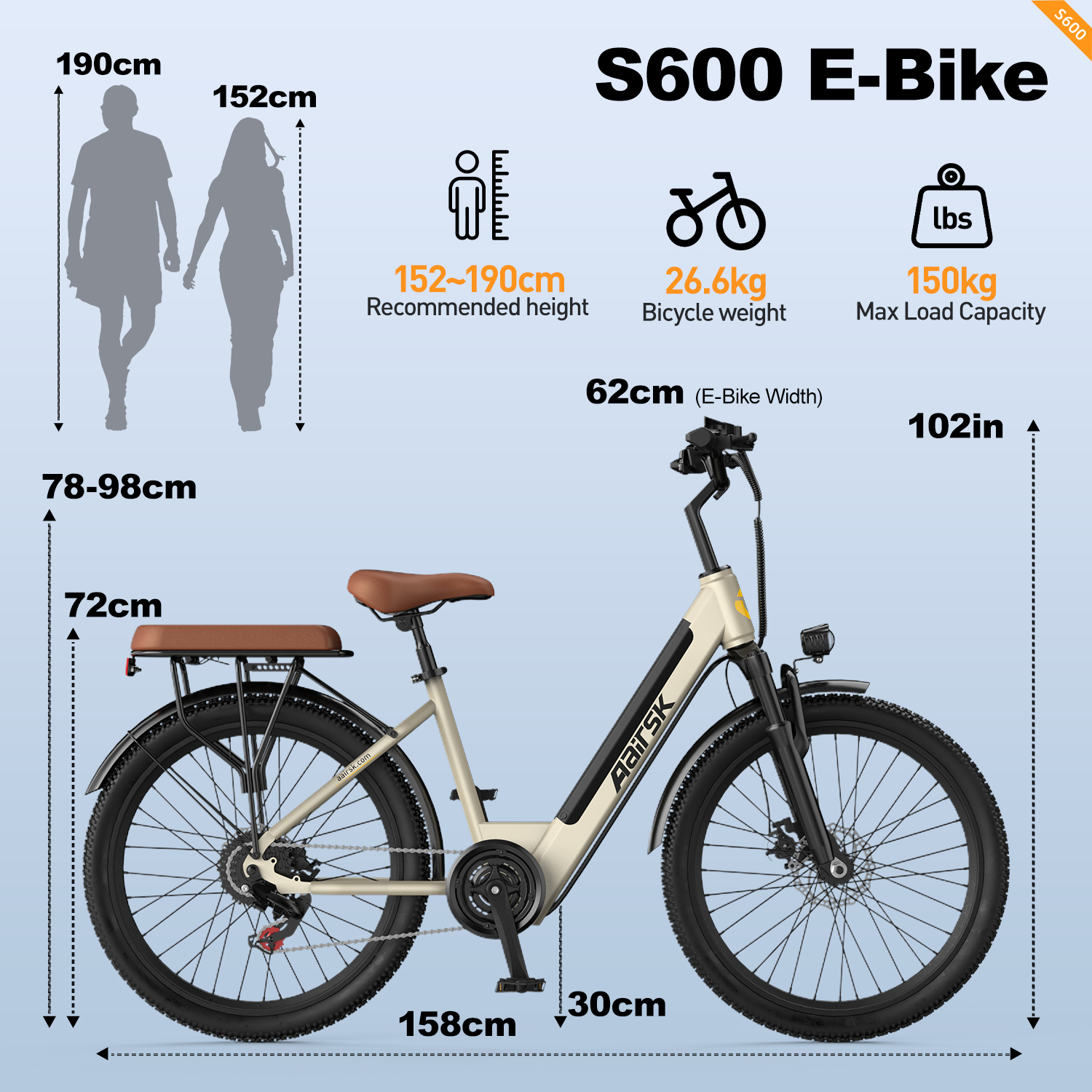 Ein S600 E-Bike mit Abmessungen und Spezifikationen. Enthält menschliche Figuren, Fahrradgewicht und maximale Belastung. Beige-Schwarz-Farbschema.