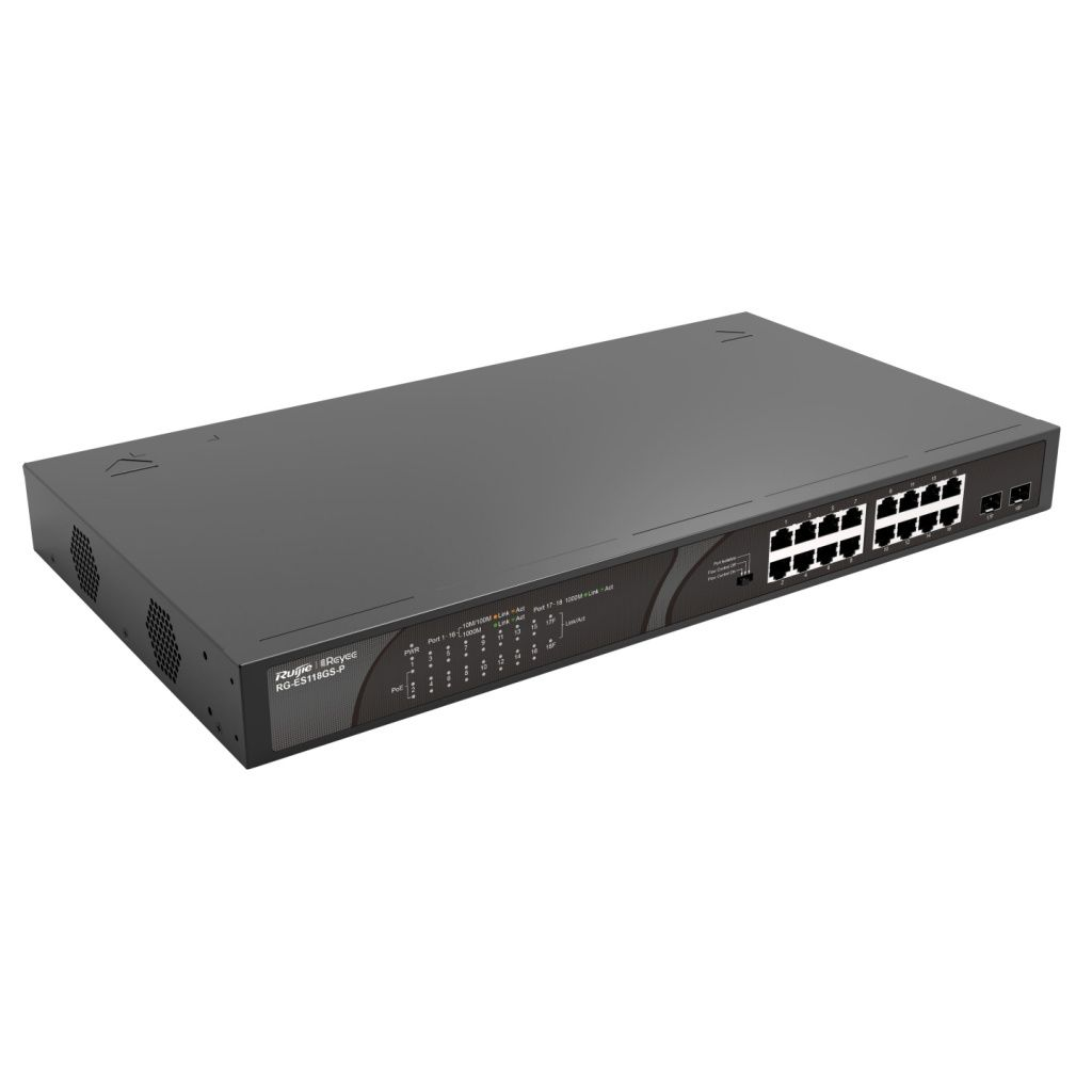 Un switch de red negro, etiquetado como 'Ruijie Reyee RG-ES118GS-P', tiene múltiples puertos y luces indicadoras, sobre un fondo blanco.