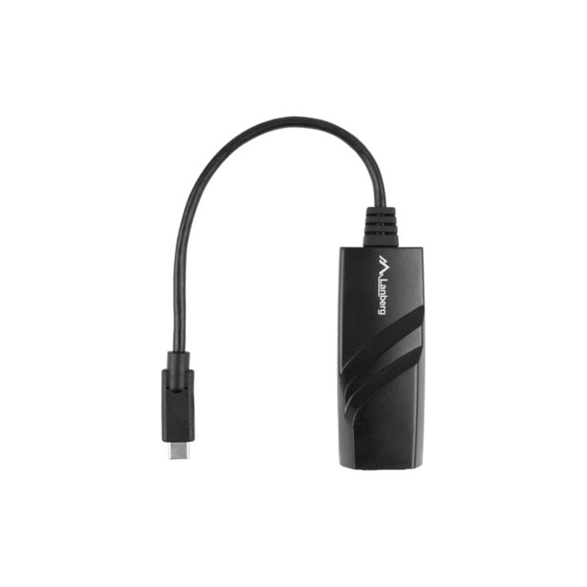 Adaptador Ethernet USB-C negro. Tiene un cable y un cuerpo rectangular con el logotipo de Lanberg.