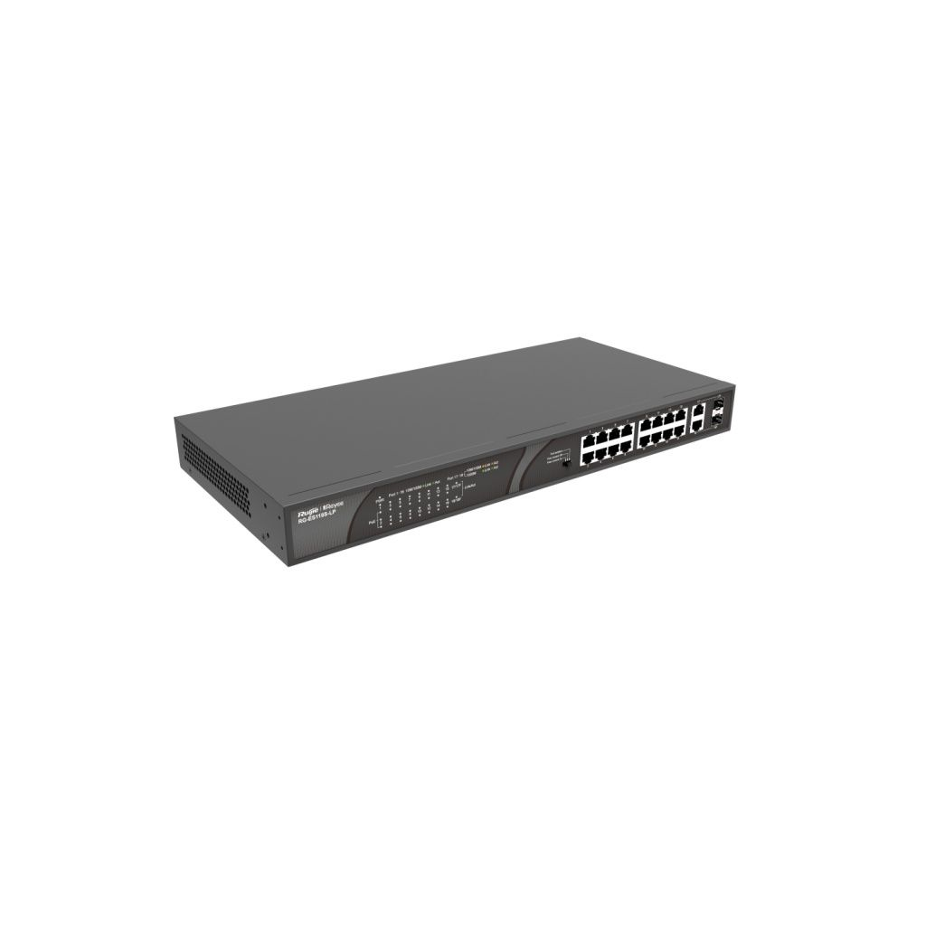 Un switch de red gris con múltiples puertos sobre un fondo blanco. Tiene luces indicadoras y una marca a la izquierda.