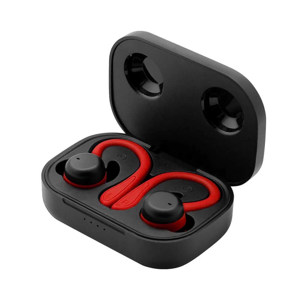 Auricolari wireless neri e rossi in un astuccio di ricarica nero. L'astuccio è aperto, mostrando gli auricolari.