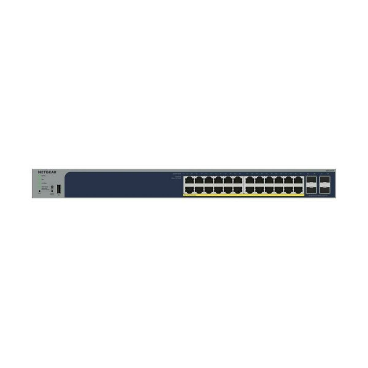 Un commutateur réseau Netgear avec plusieurs ports Ethernet, disposés en deux rangées. Il a une palette de couleurs bleu et gris.