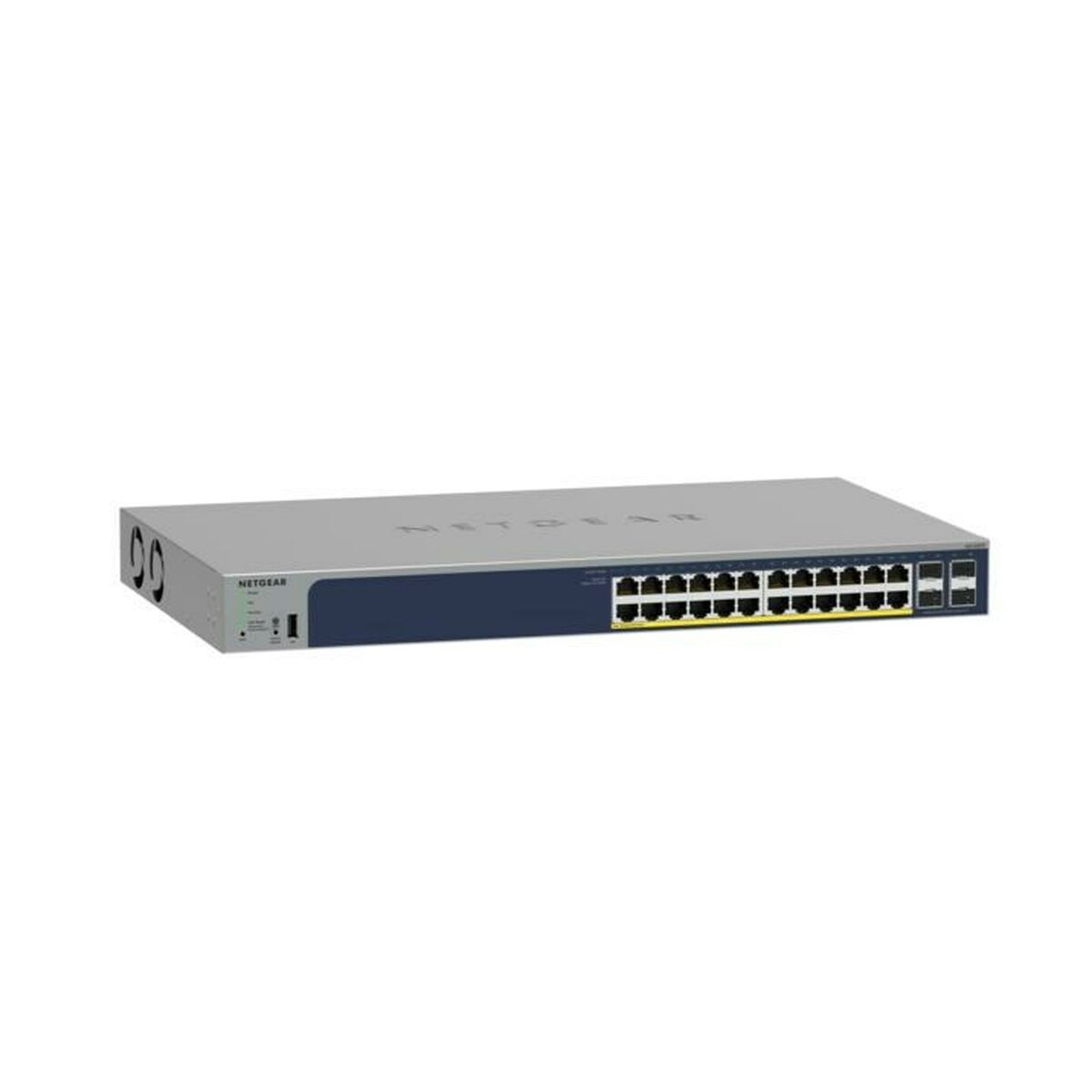Un commutateur réseau Netgear gris et bleu marine avec plusieurs ports. L'appareil est rectangulaire et repose sur un fond blanc.
