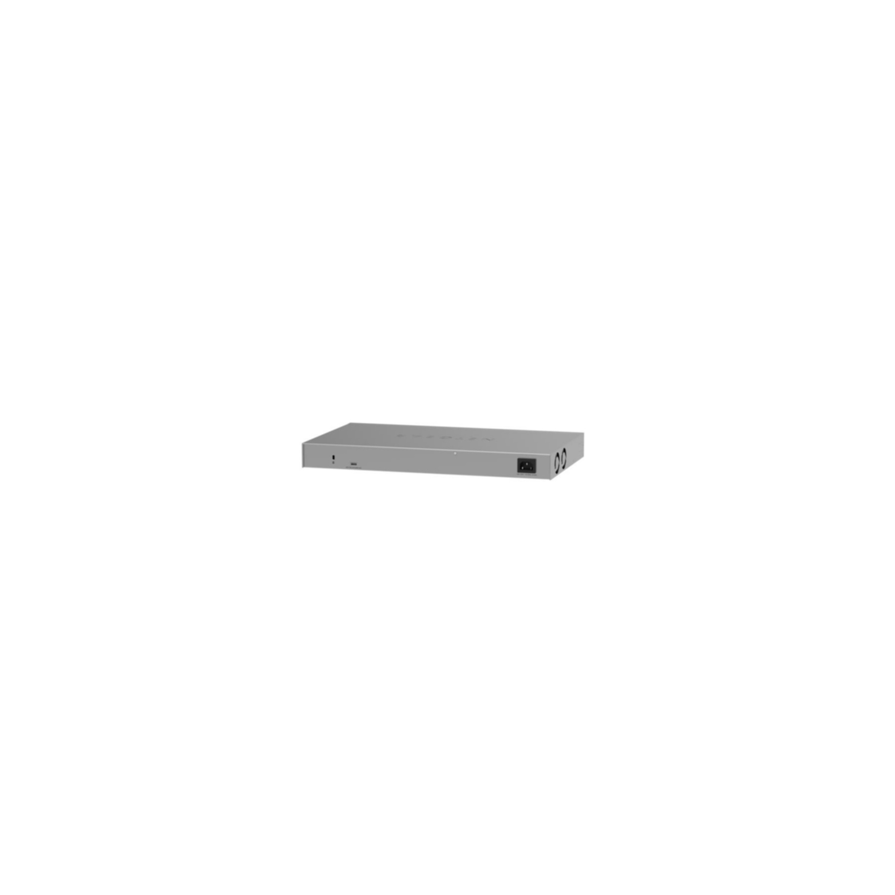Un commutateur réseau gris est centré sur un fond blanc. Il possède des ports et une connexion d'alimentation.