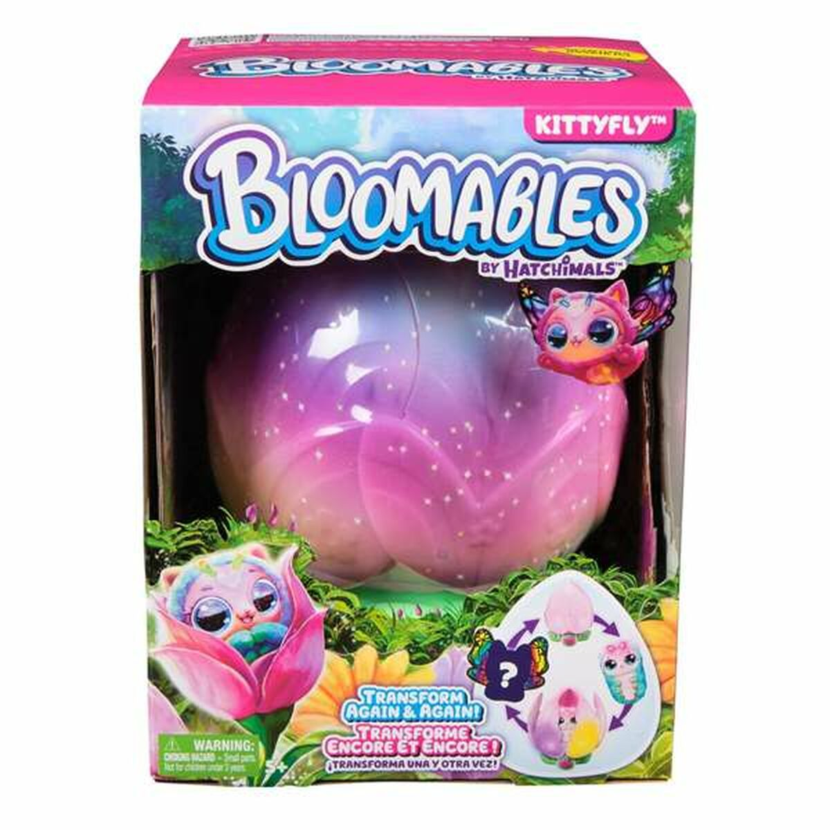 Juguete Bloomables en caja. Contenedor rosa y morado con forma de flor y un personaje de dibujos animados dentro. Texto: Bloomables by Hatchimals.