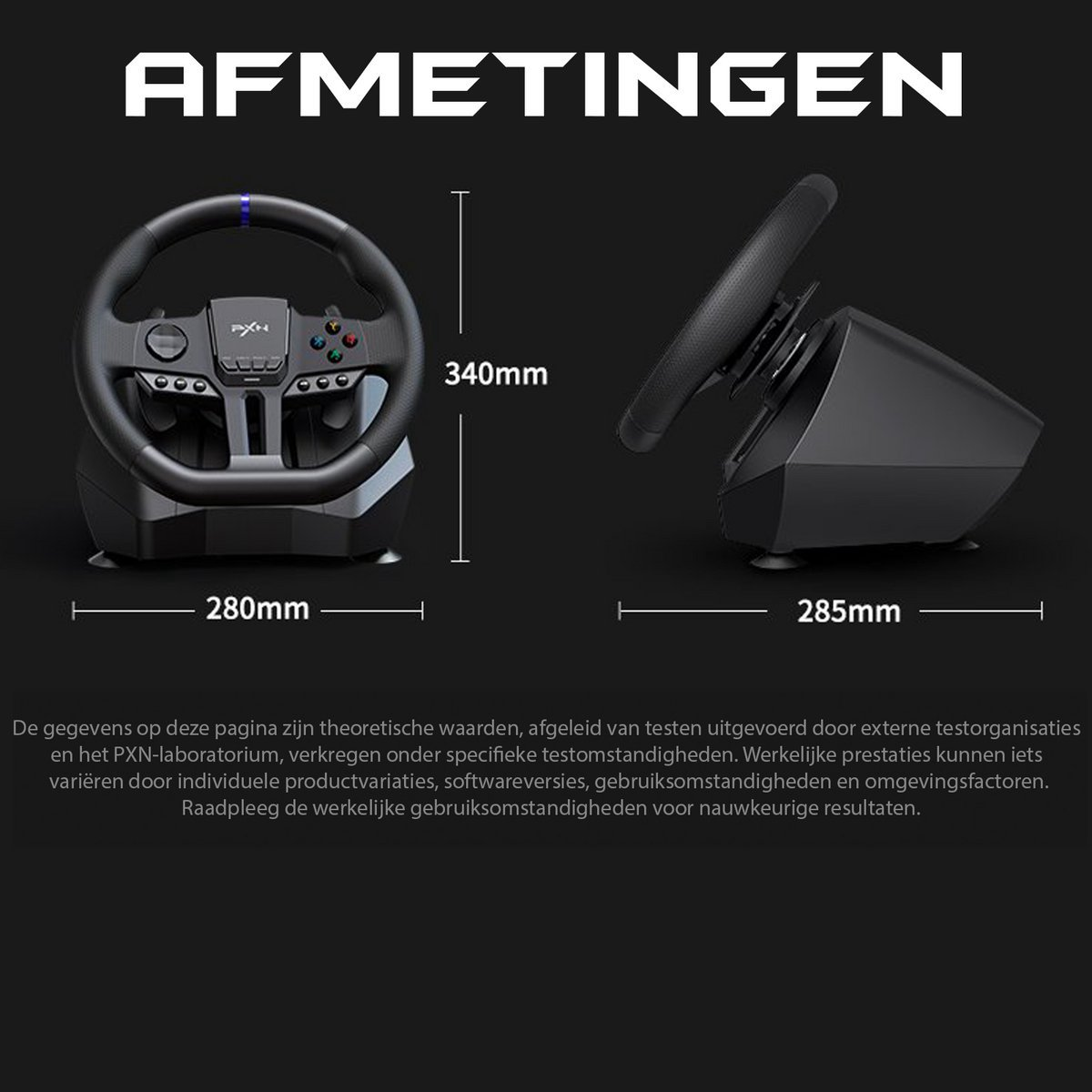 Un volant avec dimensions en millimètres. Le texte 'AFMETINGEN' est en haut. Le volant est noir.