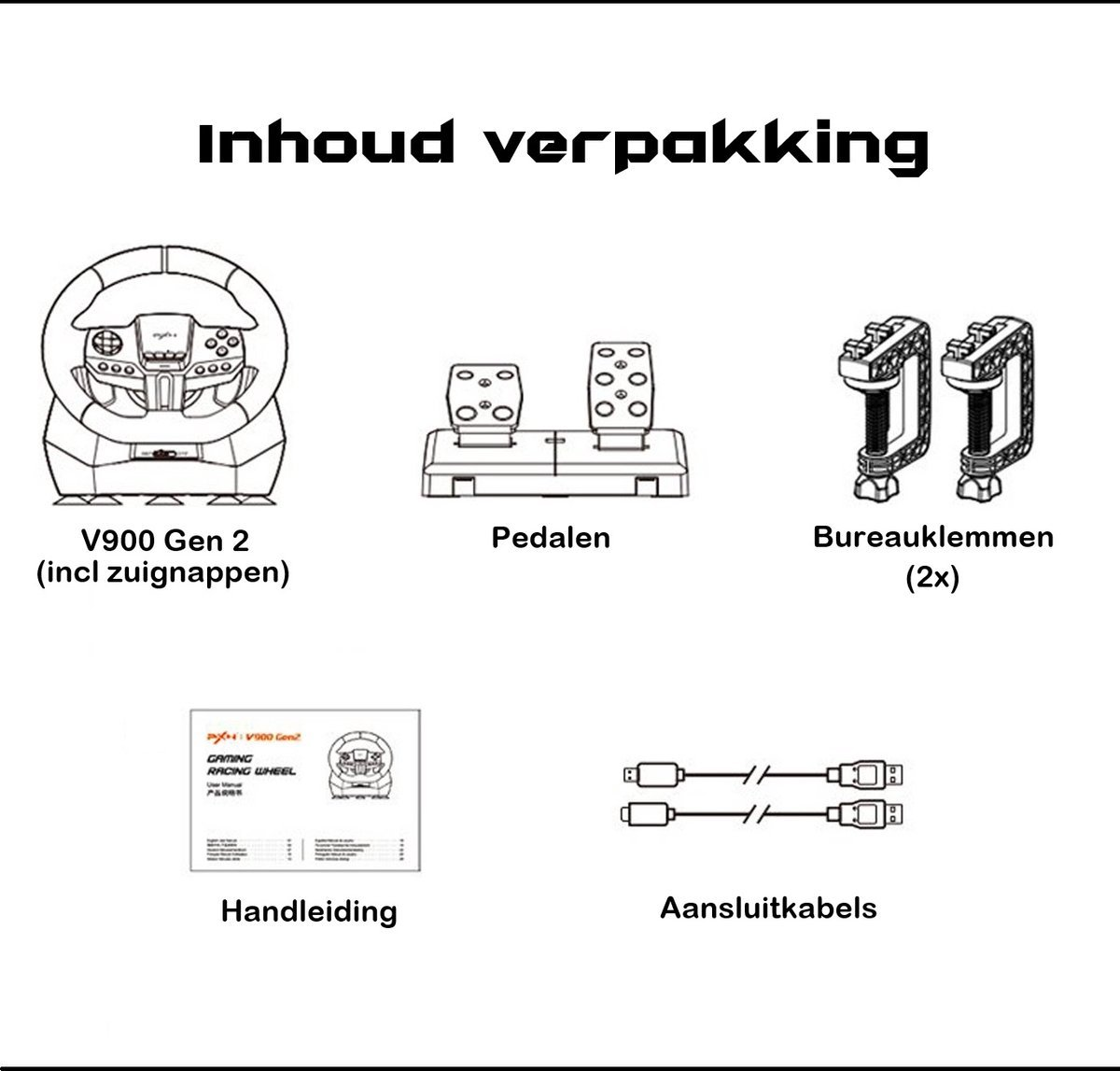 Diagramme montre volant, pédales, pinces, manuel, et câbles. Texte inclut 'V900 Gen 2', 'Pedalen', 'Bureauklemmen', 'Handleiding', 'Aansluitkabels'.
