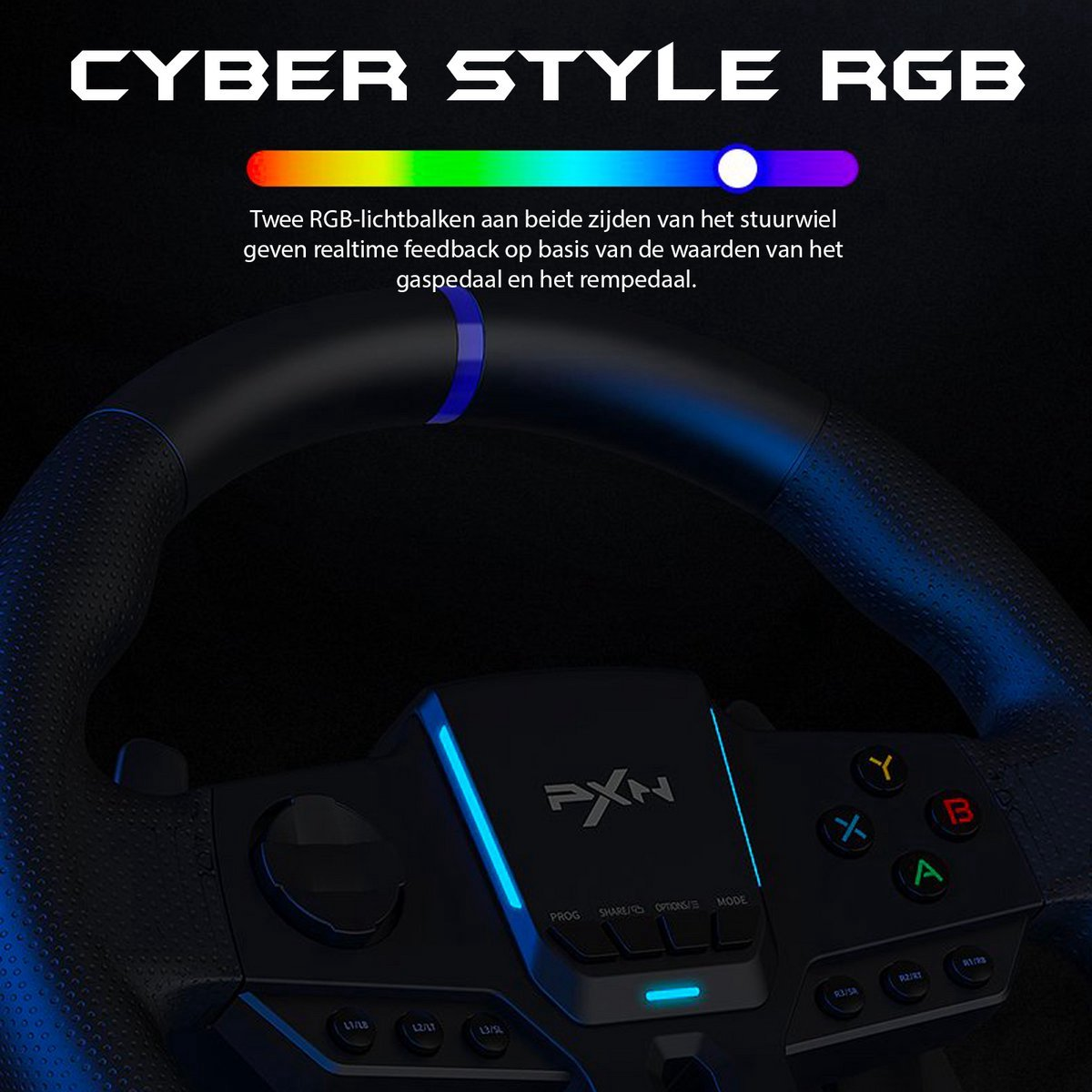 Volant de jeu avec lumières RVB. Il possède des boutons et un panneau central avec le logo de la marque. Une barre de couleur dégradée est en haut.