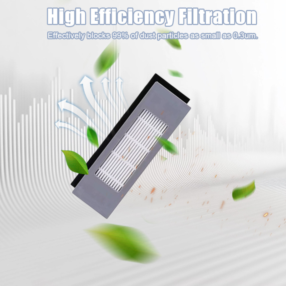 Filtr z zielonymi liśćmi i strzałkami, tekst u góry mówi: High Efficiency Filtration, skutecznie blokuje 99% cząsteczek kurzu.