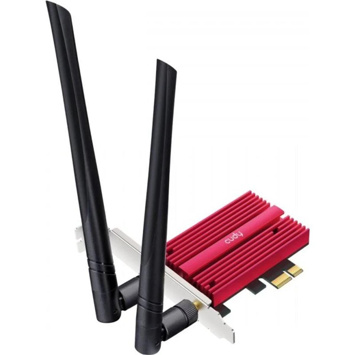Una tarjeta de red de computadora con dos antenas negras y un disipador de calor rojo. La tarjeta está sobre un fondo blanco.