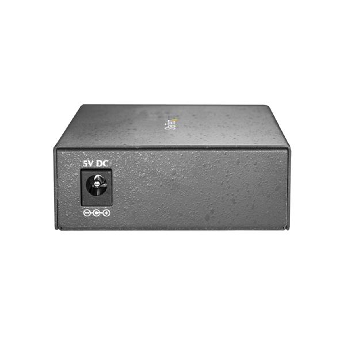 Ein graues rechteckiges elektronisches Gerät. Es hat einen Stromeingangsanschluss mit der Aufschrift 5V DC. Das Gerät ist vor weißem Hintergrund isoliert.