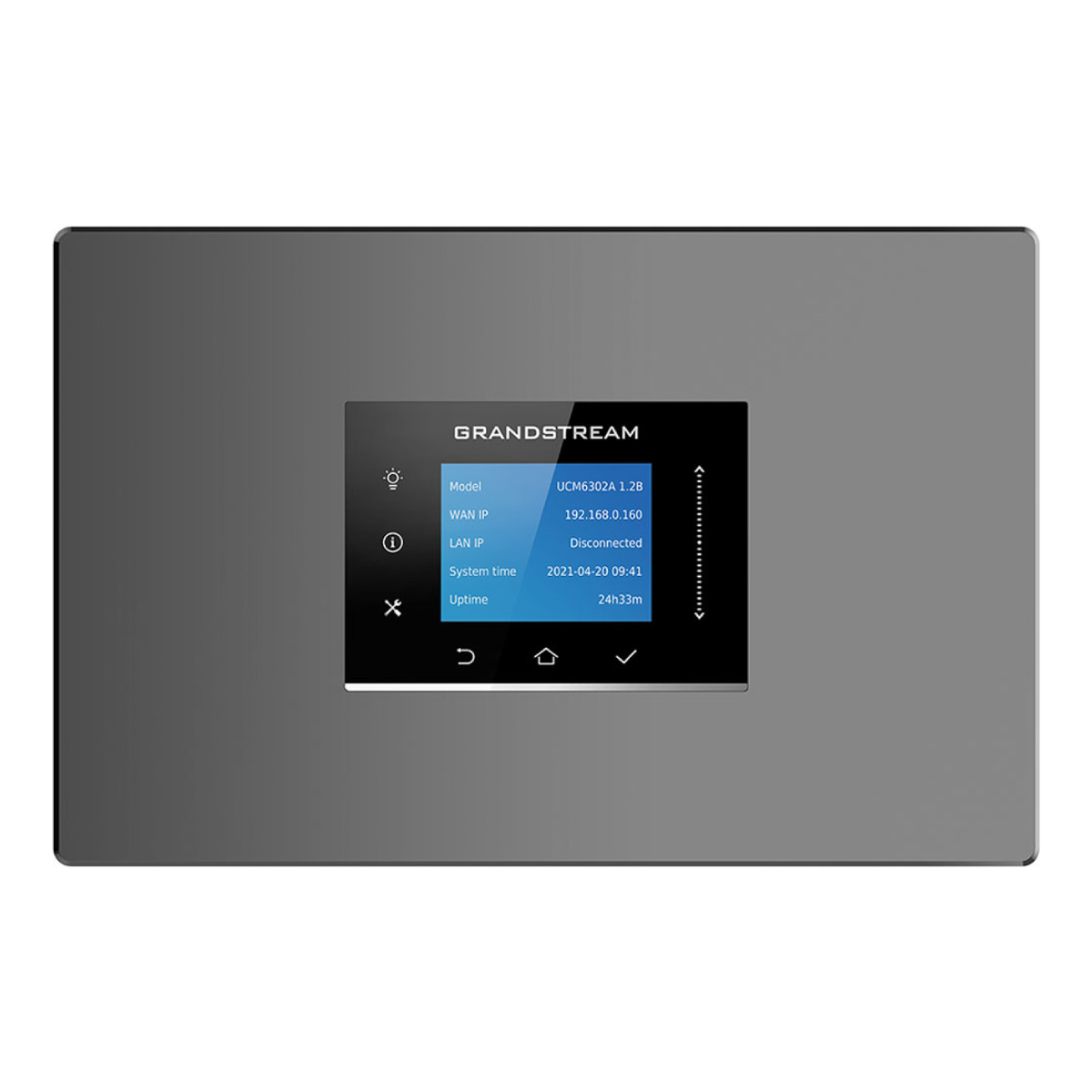 Un dispositivo Grandstream gris con una pantalla que muestra información de red, incluyendo IP WAN, IP LAN y tiempo de actividad, e iconos a la izquierda.