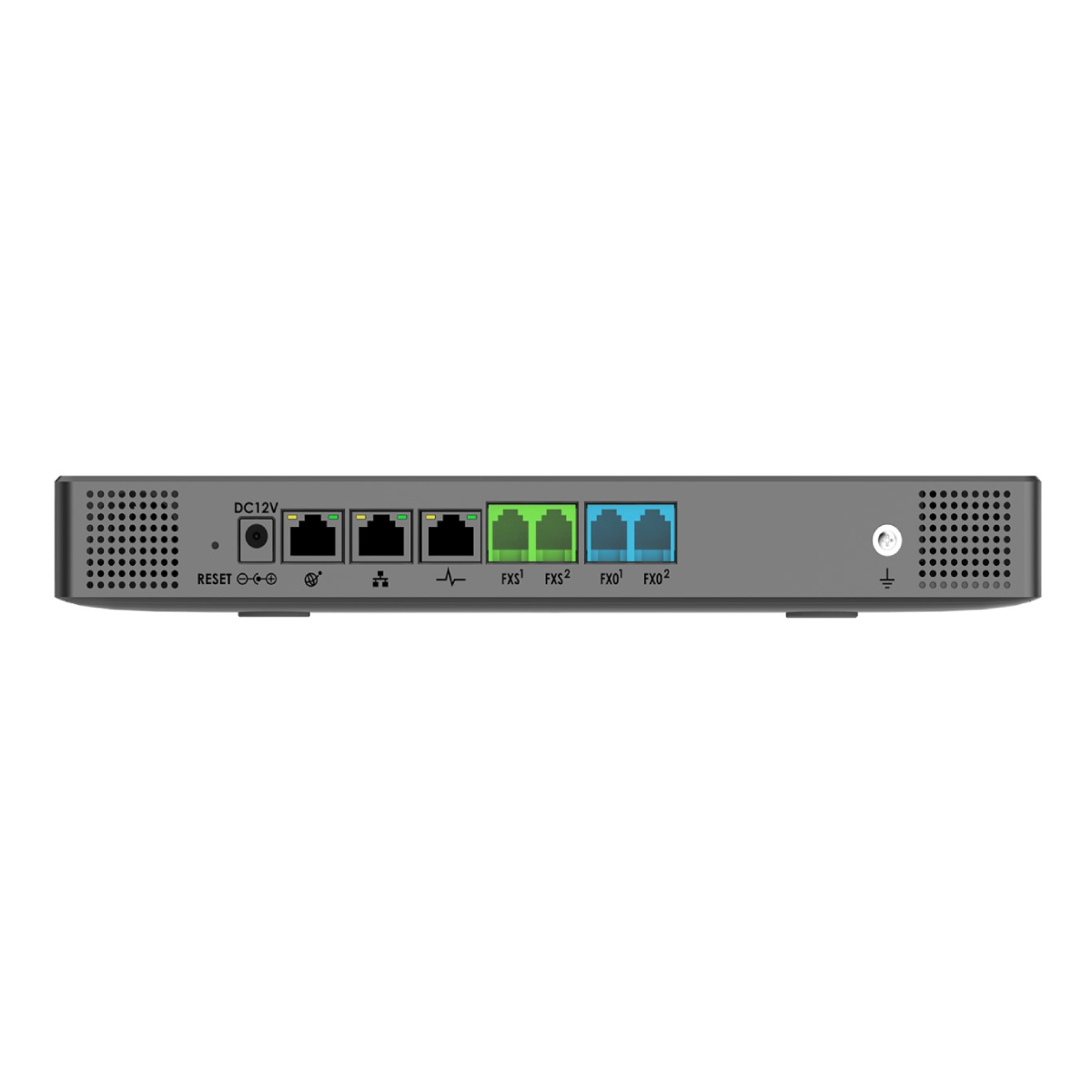 Un dispositivo de red gris con múltiples puertos. Tiene puertos etiquetados como FXS, FXO y Ethernet. Hay un botón de reinicio y una entrada DC12V.