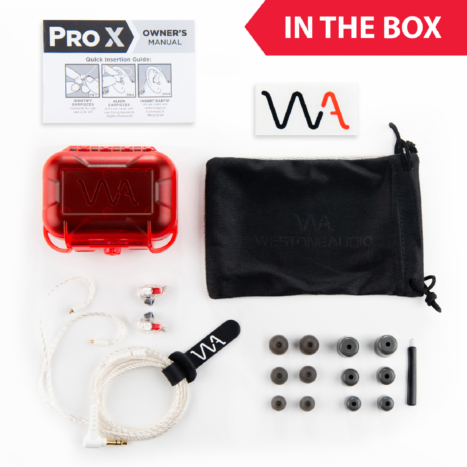Die Box enthält Ohrhörer, Ohrstöpsel, eine Tragetasche, einen Beutel und eine Bedienungsanleitung. Alle Artikel sind ordentlich angeordnet.
