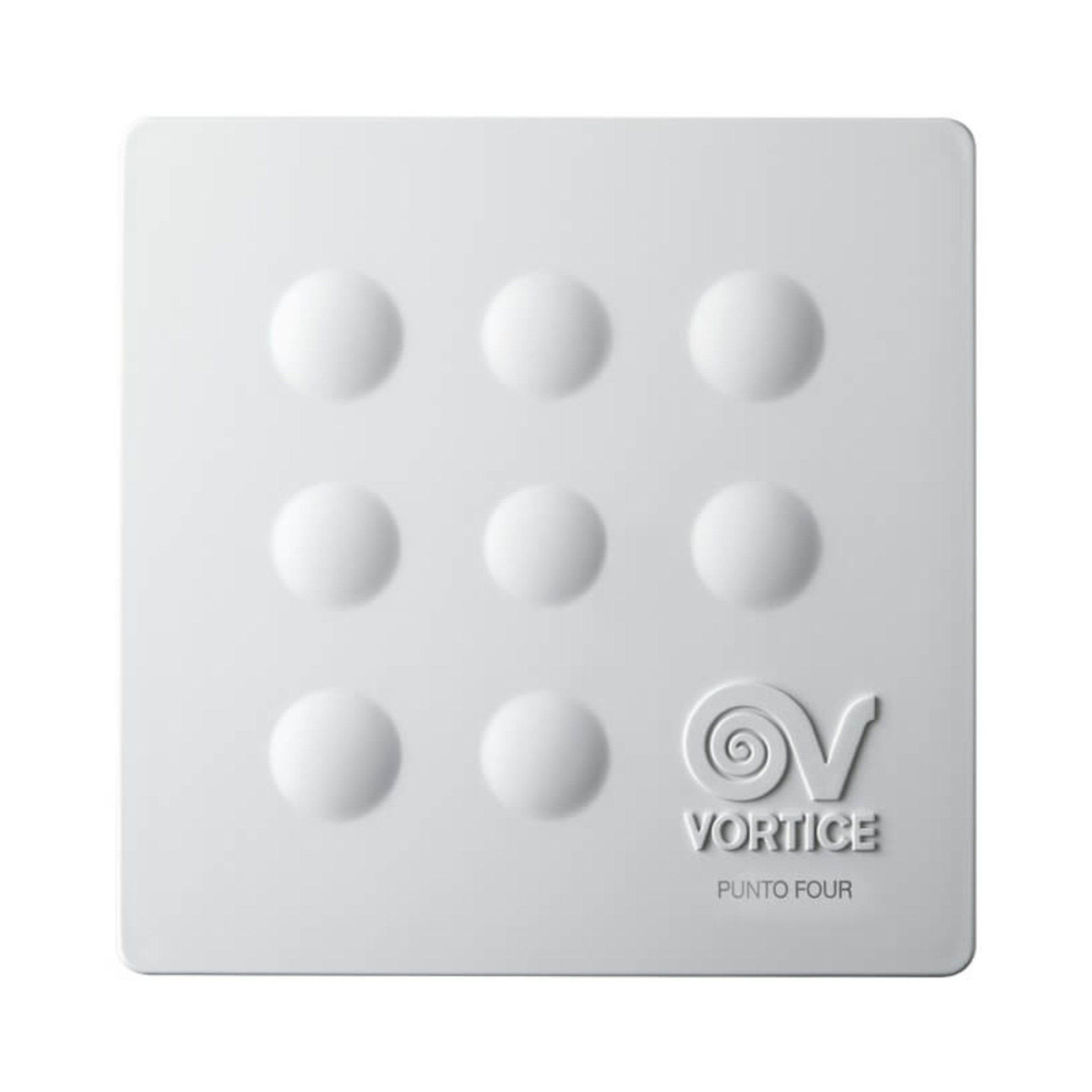 Weißes Quadrat mit 9 erhabenen Kreisen. Es hat ein Logo und den Text 'VORTICE PUNTO FOUR'.