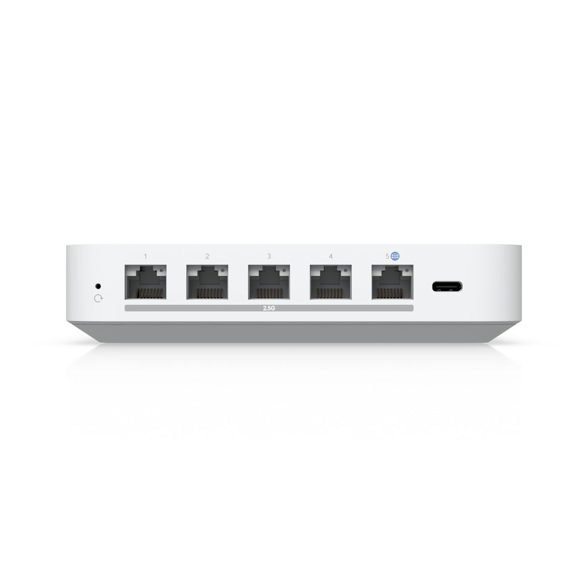 Biały przełącznik sieciowy z pięcioma portami Ethernet. Porty są numerowane i jest port USB-C.