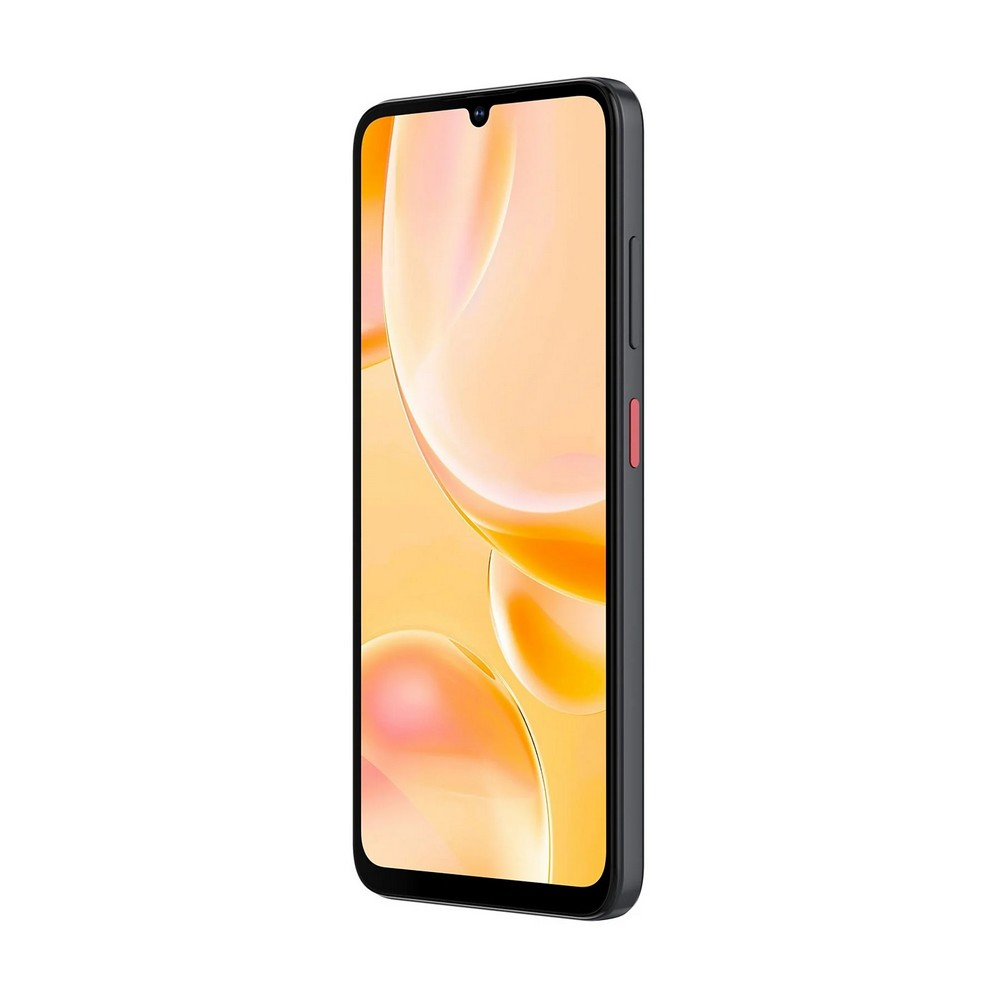 Uno smartphone in una custodia grigia, con uno schermo che mostra forme arancioni astratte. Un pulsante rosso è sul lato. Il telefono è angolato.