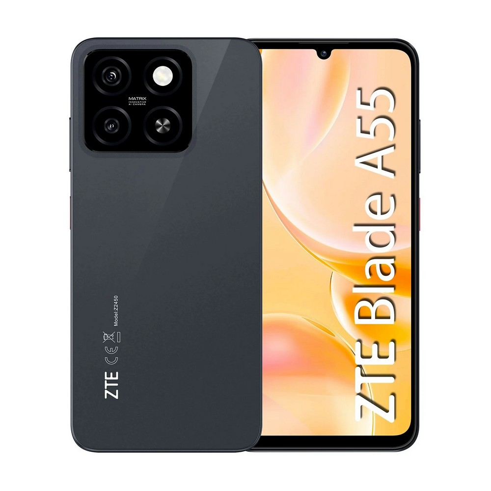 Uno smartphone ZTE Blade A55 grigio scuro. Il retro ha un modulo fotocamera e il logo ZTE. Lo schermo mostra il nome del telefono.