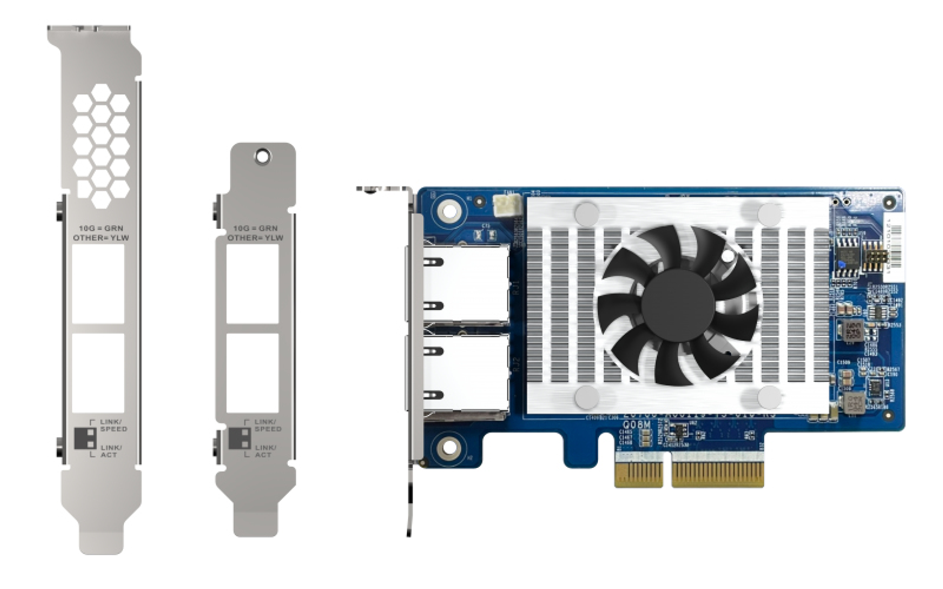 Un componente de computadora con una placa de circuito azul, un ventilador y dos soportes plateados. Hay etiquetas de texto en los soportes.