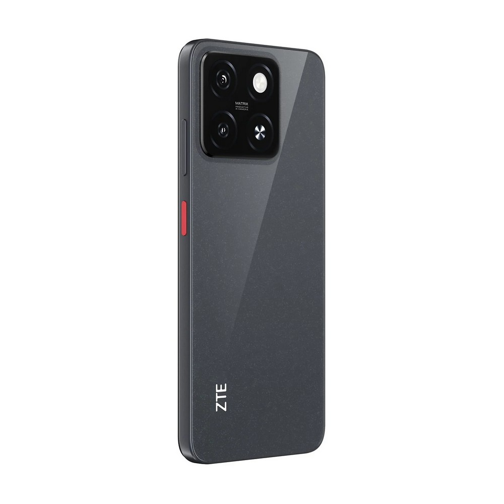 Uno smartphone ZTE grigio scuro. Ha un array di fotocamere con quattro obiettivi. Il pulsante di accensione è rosso. Il logo ZTE è visibile.