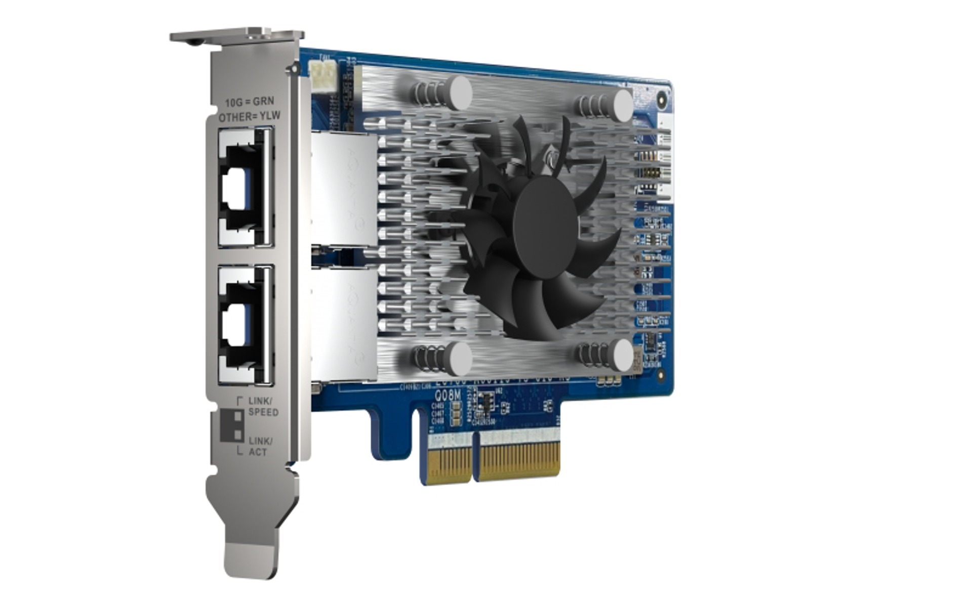 Una tarjeta de red para computadora con una placa de circuito azul, un ventilador negro y dos puertos de red. La tarjeta tiene un soporte de metal.