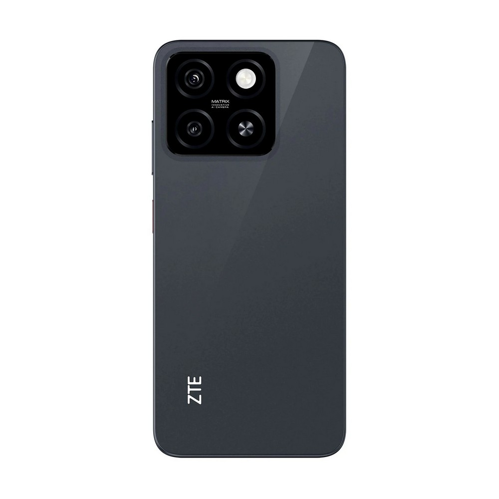 Retro del telefono ZTE grigio scuro. Presenta una configurazione a quattro fotocamere, flash e logo ZTE. Design elegante.