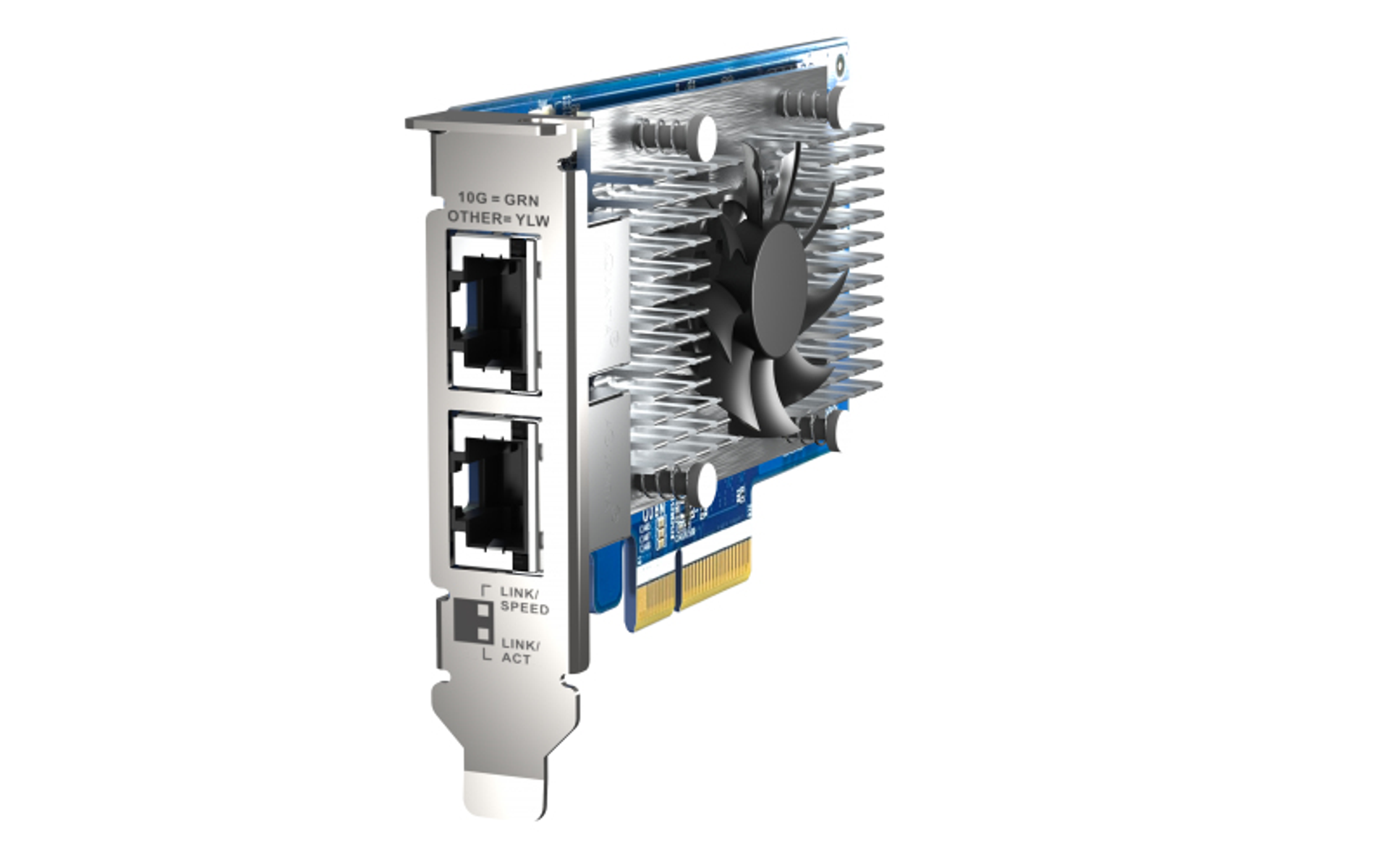 Tarjeta de red con dos puertos RJ45, un disipador de calor y un ventilador. Metal plateado y PCB azul. El fondo es blanco.