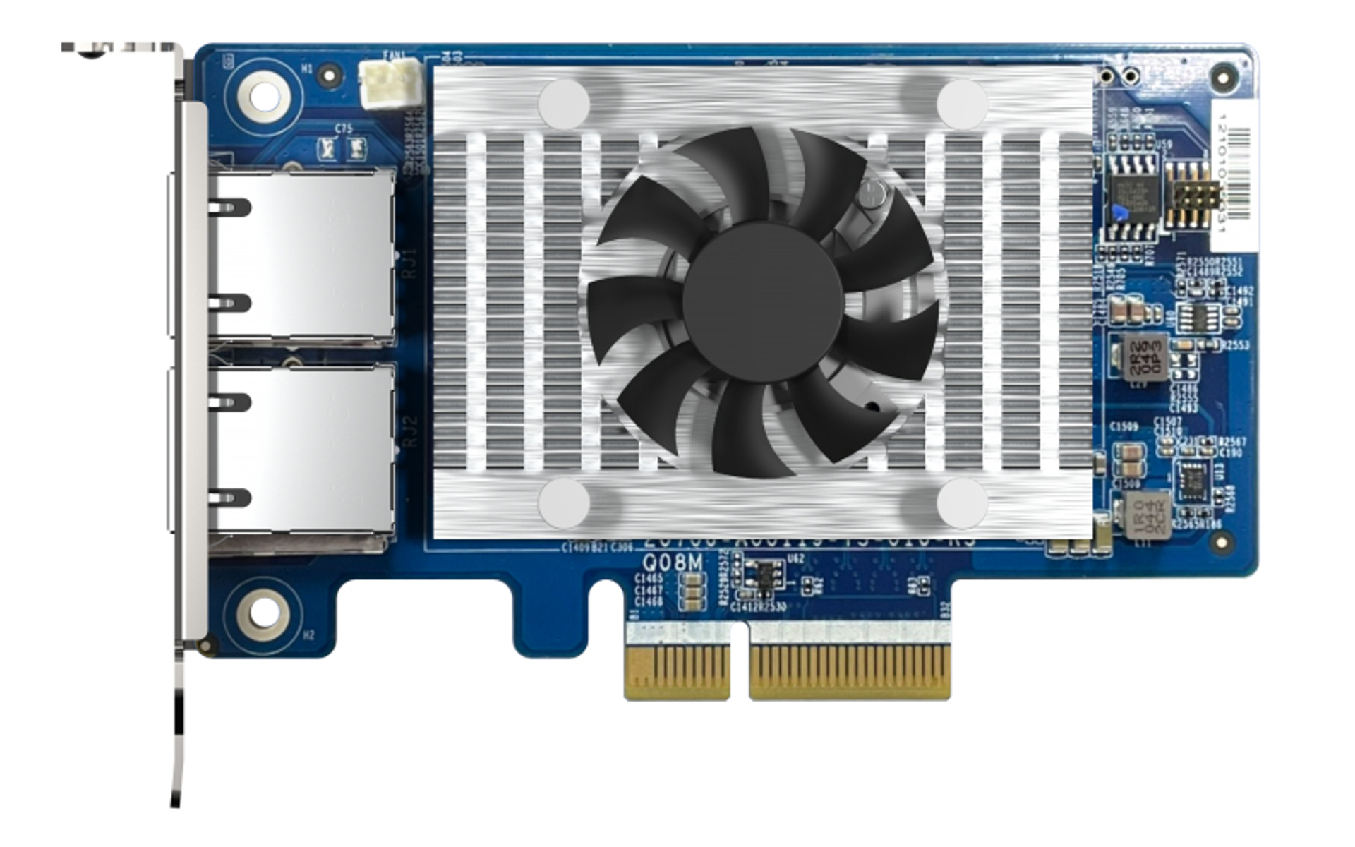 Un componente de computadora con un ventilador negro, un disipador de calor y varios puertos. Tiene componentes azules y plateados con etiquetas de texto.