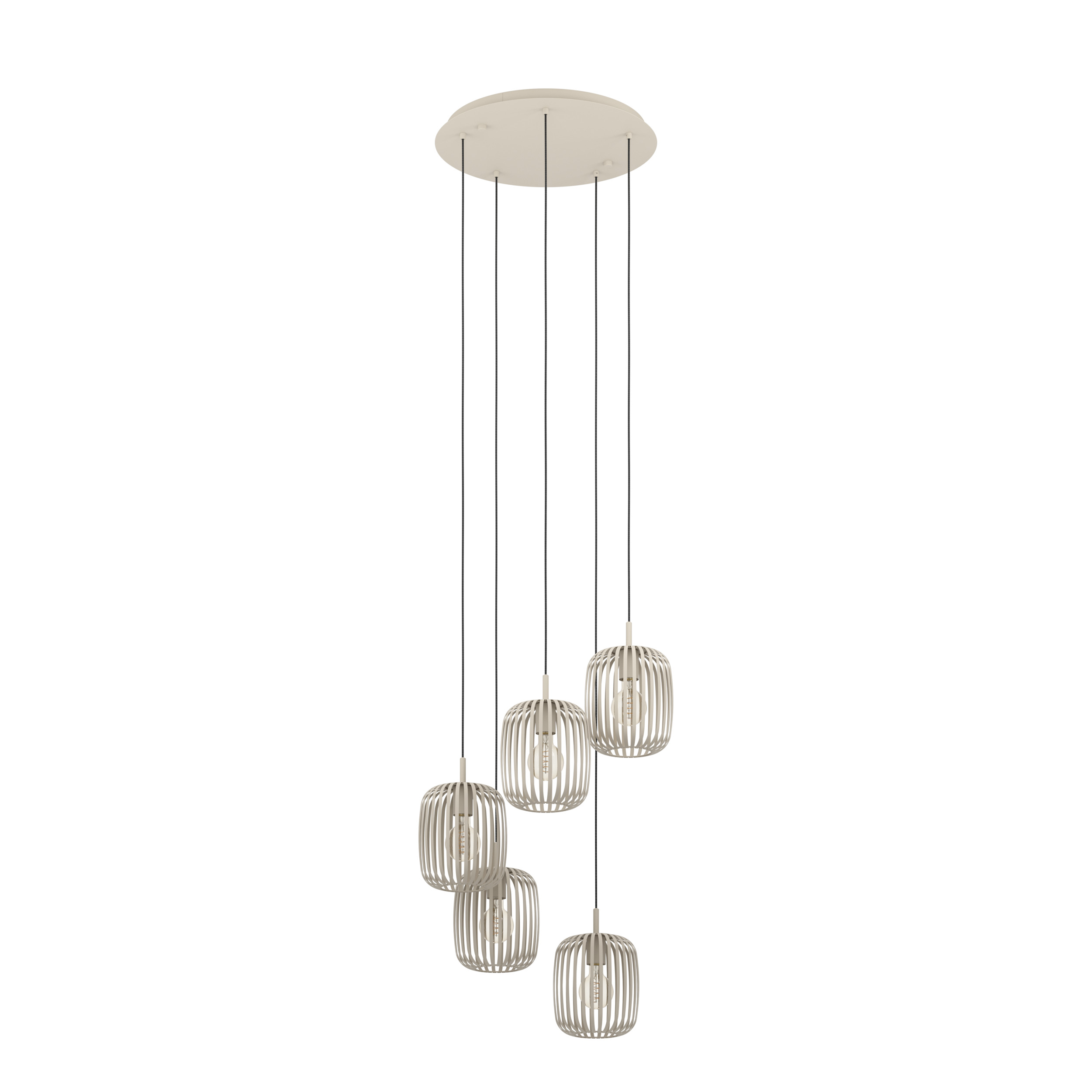 Een moderne kroonluchter met vijf kooilampen die aan een beige plafondplaat hangen. Witte achtergrond.