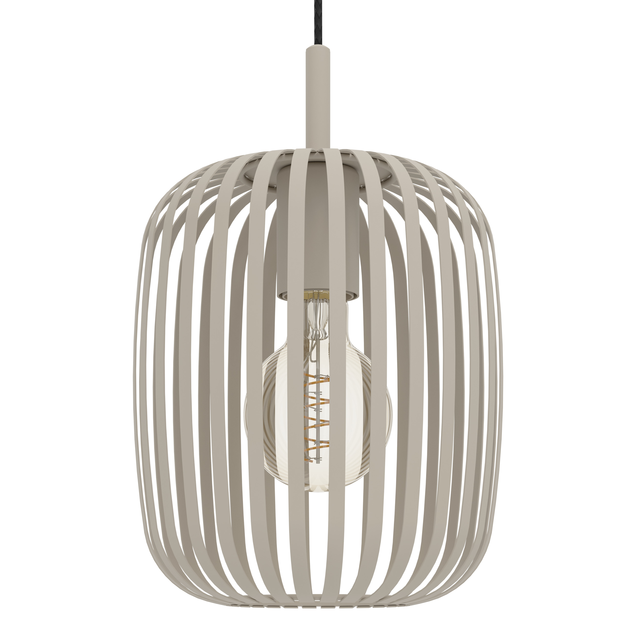 Een beige hanglamp met een kooilampenkap. Er zit een spiraalvormige gloeilamp in.