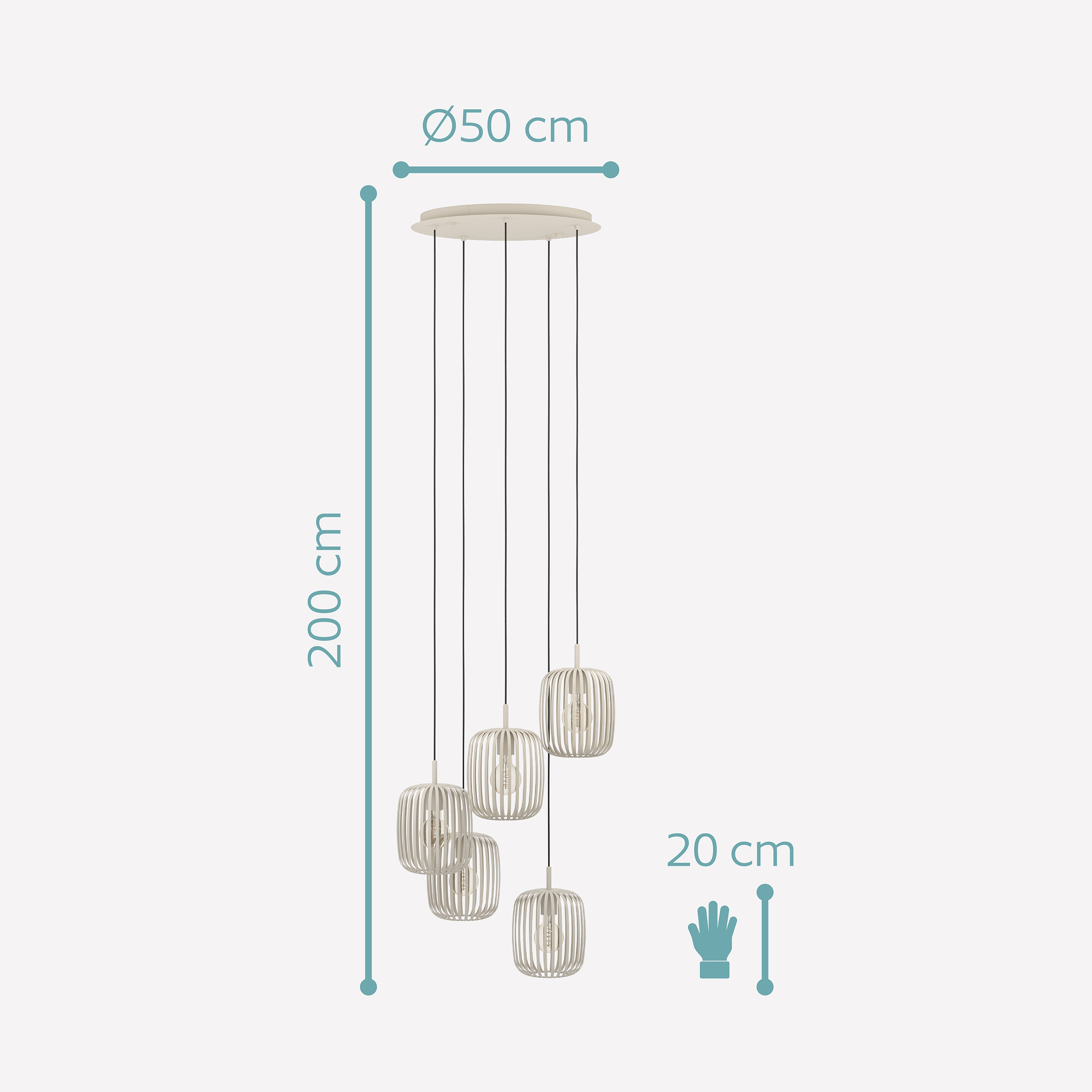 Een moderne hanglamp met zes kooivormige kappen, hangend aan een ronde plafondplaat. Afmetingen worden aangegeven.
