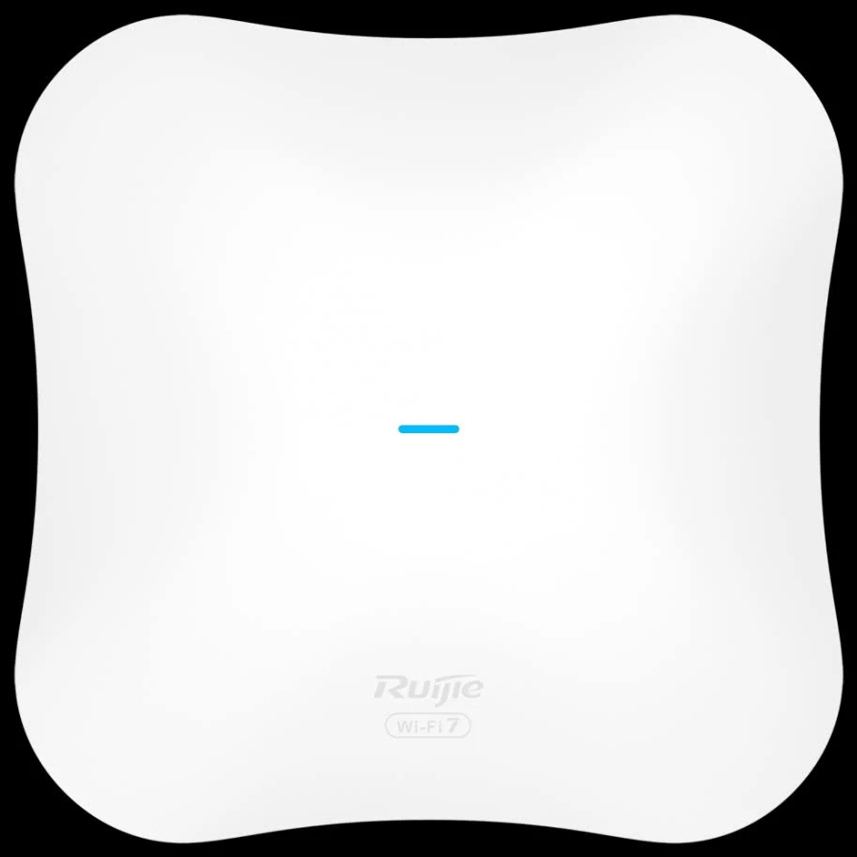 Dispositivo Ruijie Wi-Fi 7 bianco con linea blu e logo. Bordi arrotondati, sfondo nero.